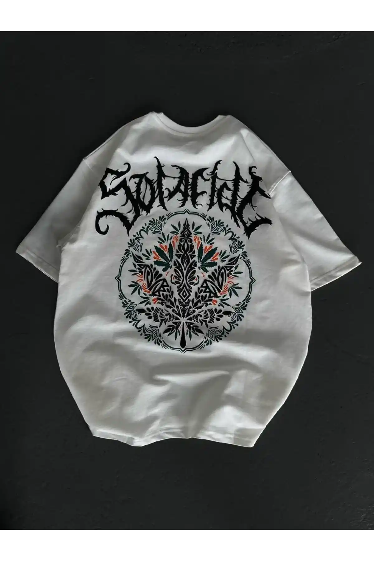 kadın Bisiklet Yaka Baskılı Oversize T-Shirt - Beyaz