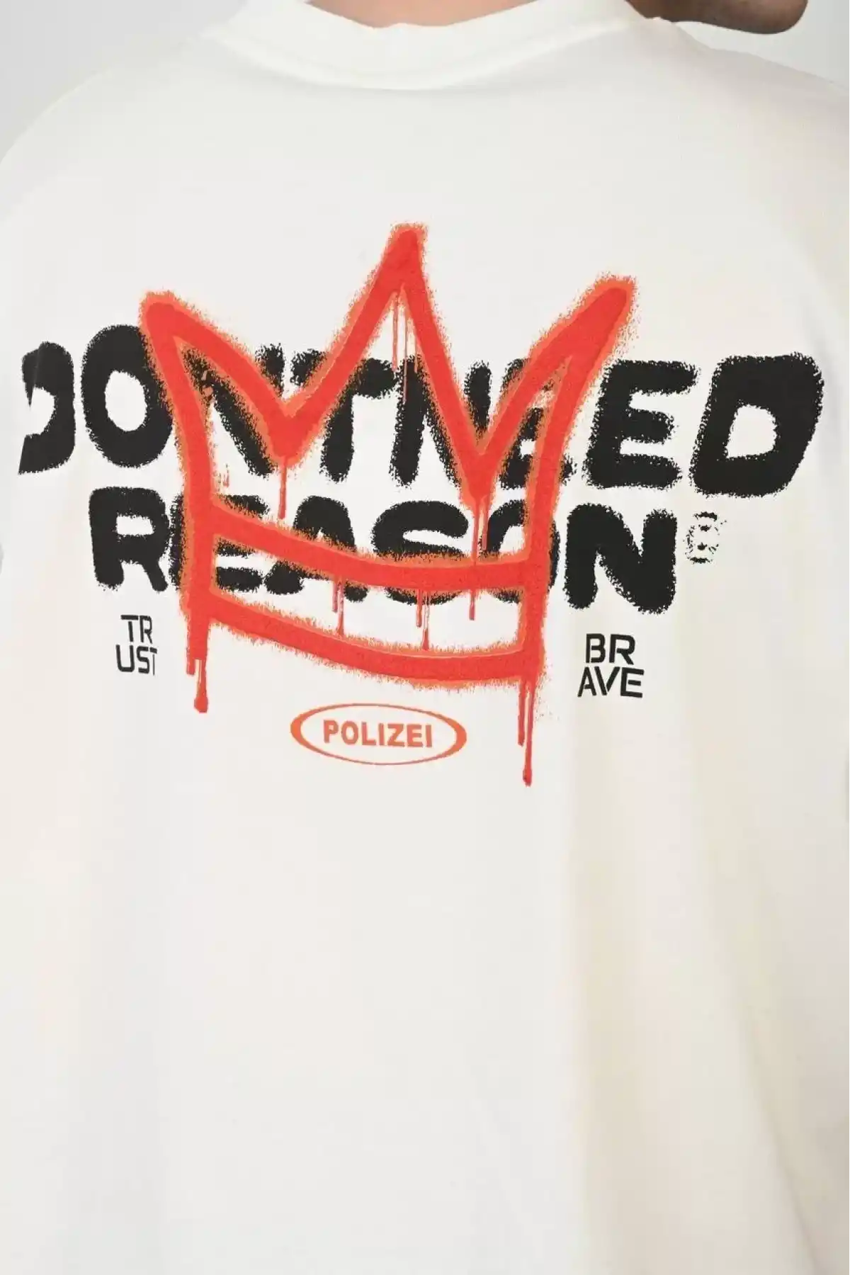 Unisex Bisiklet Yaka Baskılı Oversize T-Shirt - Beyaz