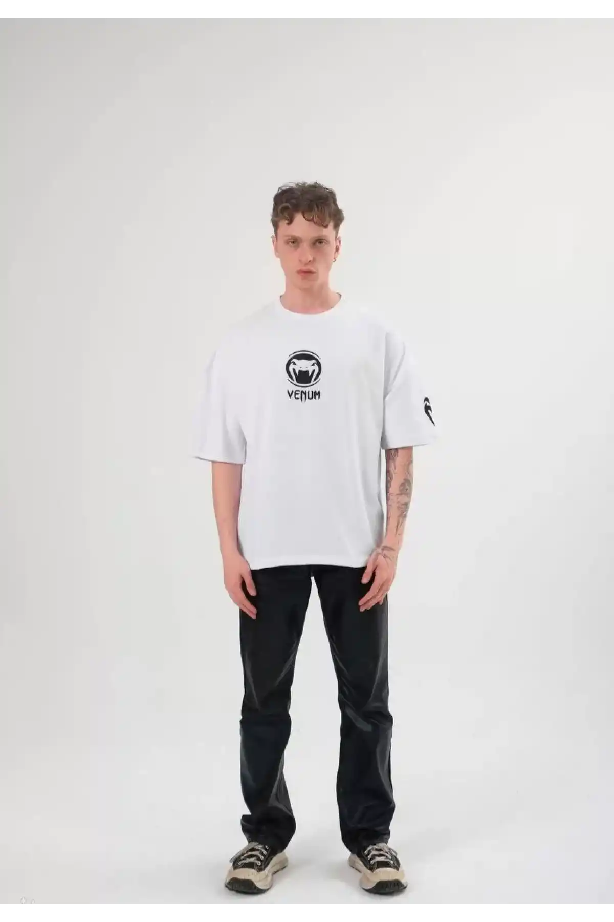 Unisex Bisiklet Yaka Baskılı Oversize T-Shirt - Beyaz