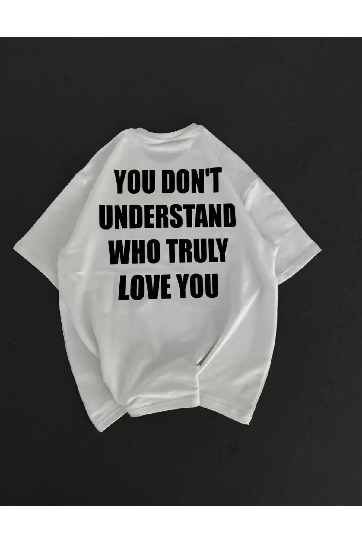 Unisex Bisiklet Yaka Baskılı Oversize T-Shirt - Beyaz