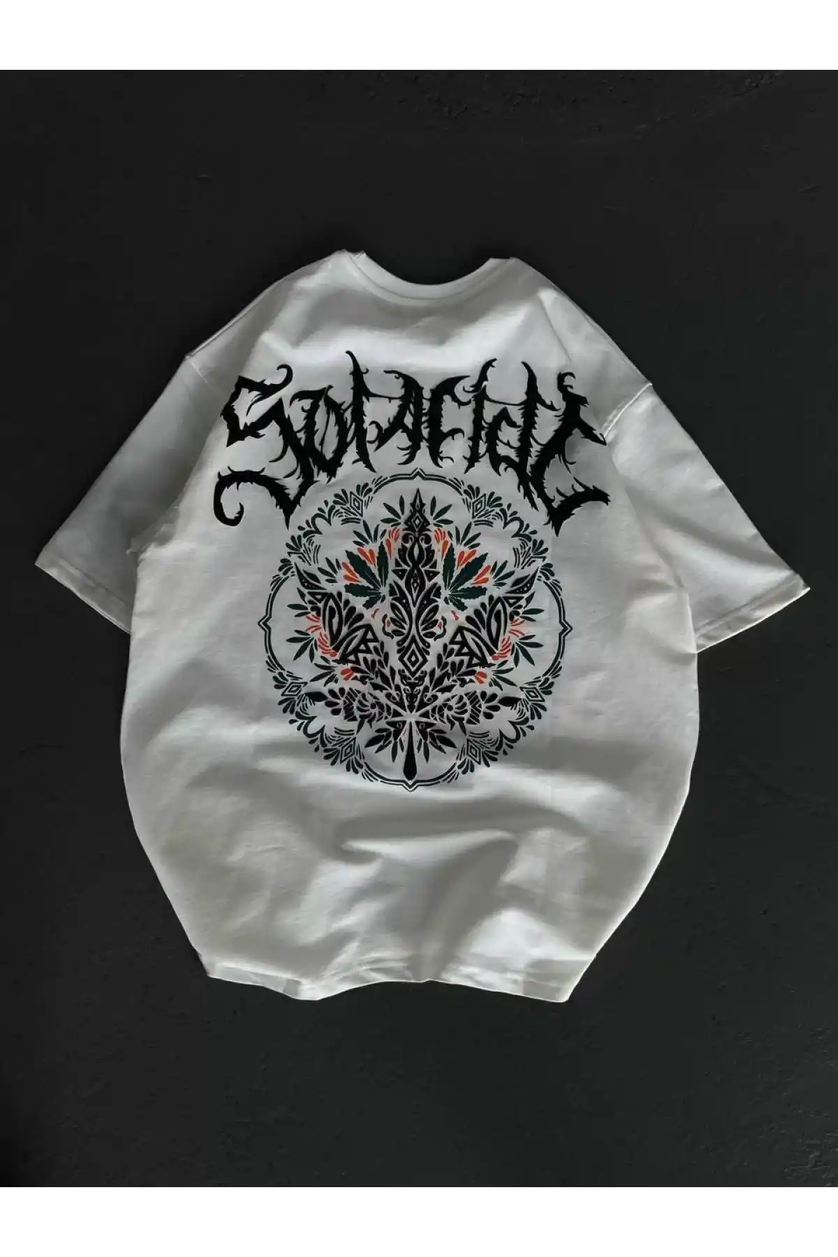 Unisex Bisiklet Yaka Baskılı Oversize T-Shirt - Beyaz