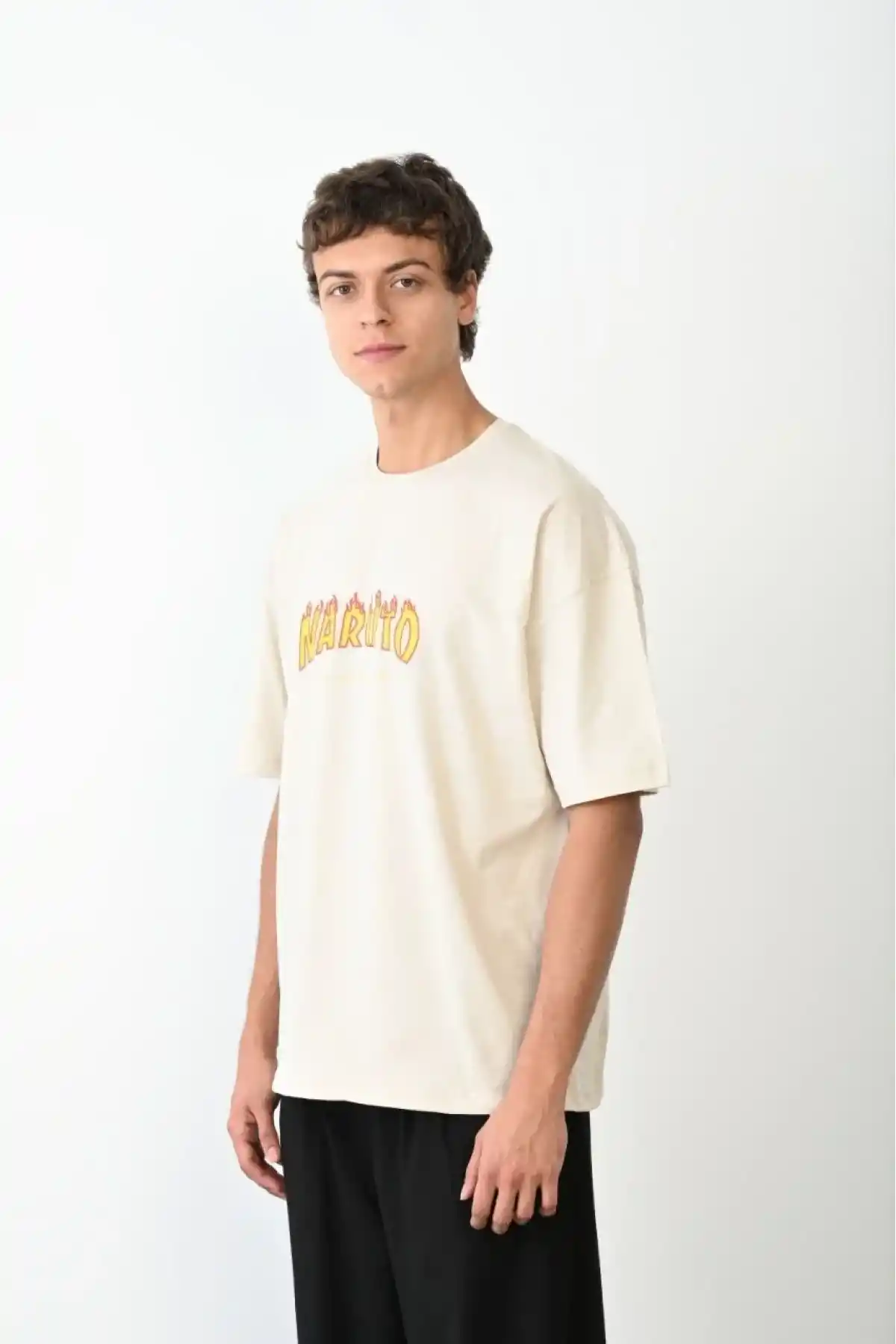 ERKEK Bisiklet Yaka Baskılı Oversize T-Shirt - Beyaz