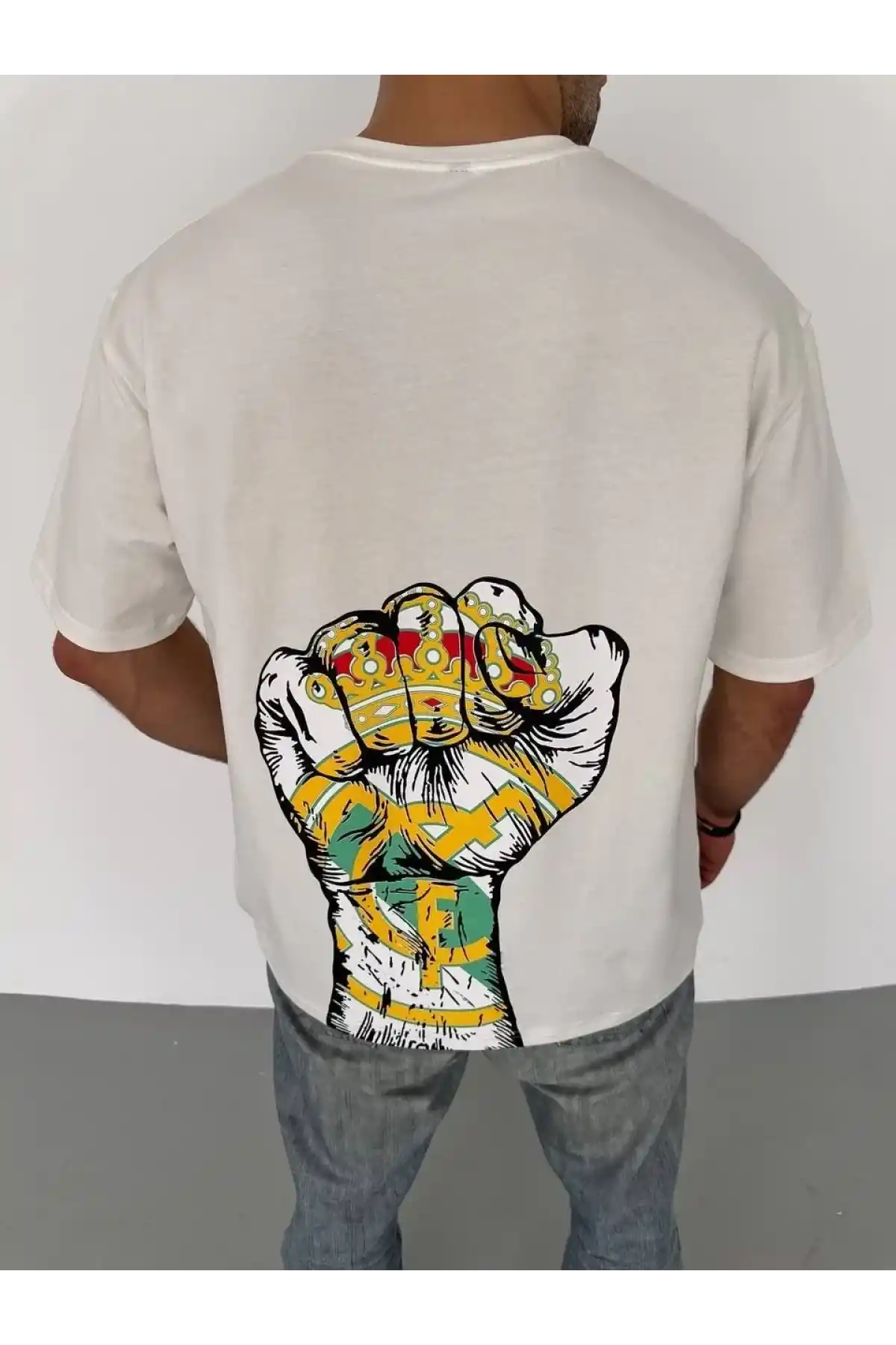 Erkek  Bisiklet Yaka Baskılı Oversize T-Shirt - Beyaz