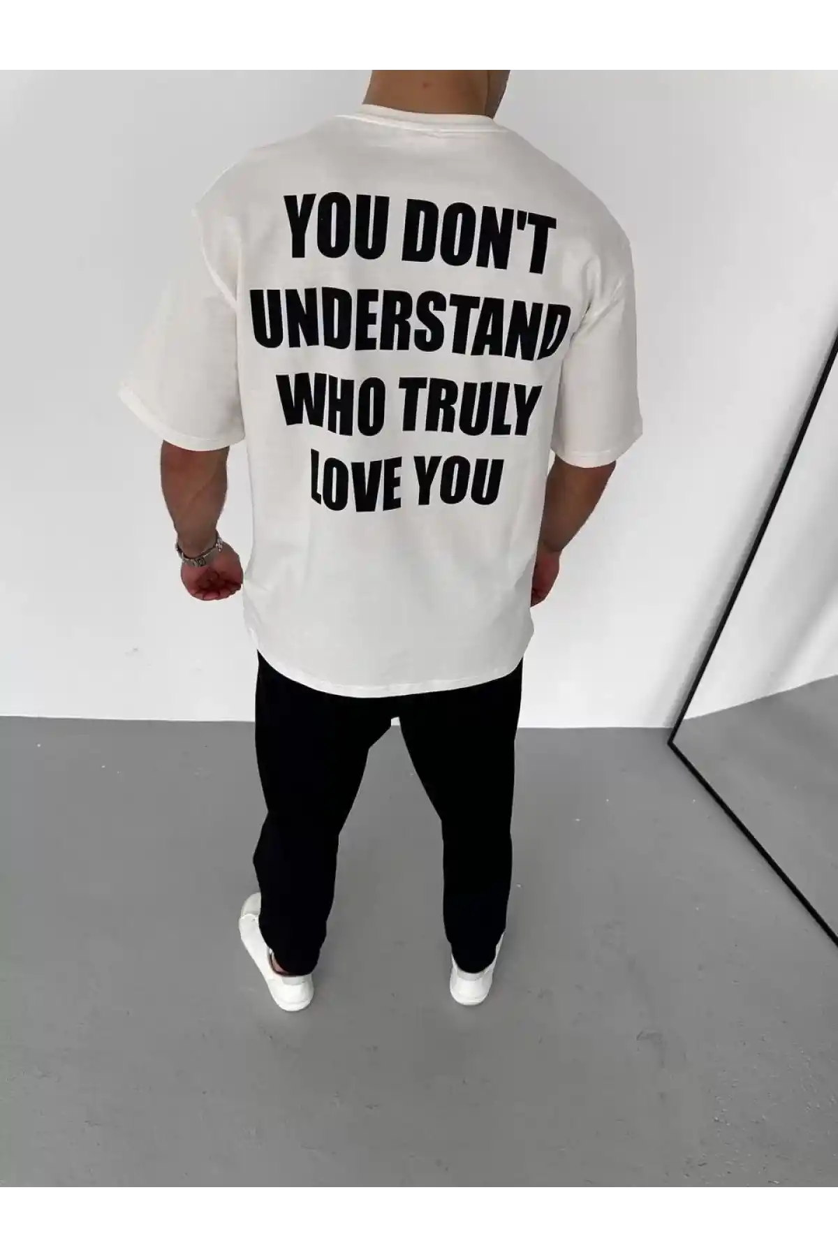 Unisex Bisiklet Yaka Baskılı Oversize T-Shirt - Beyaz