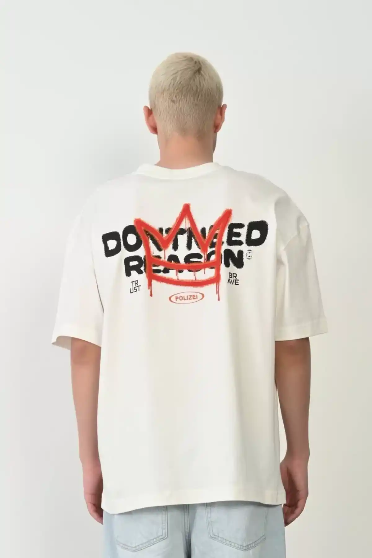 Unisex Bisiklet Yaka Baskılı Oversize T-Shirt - Beyaz