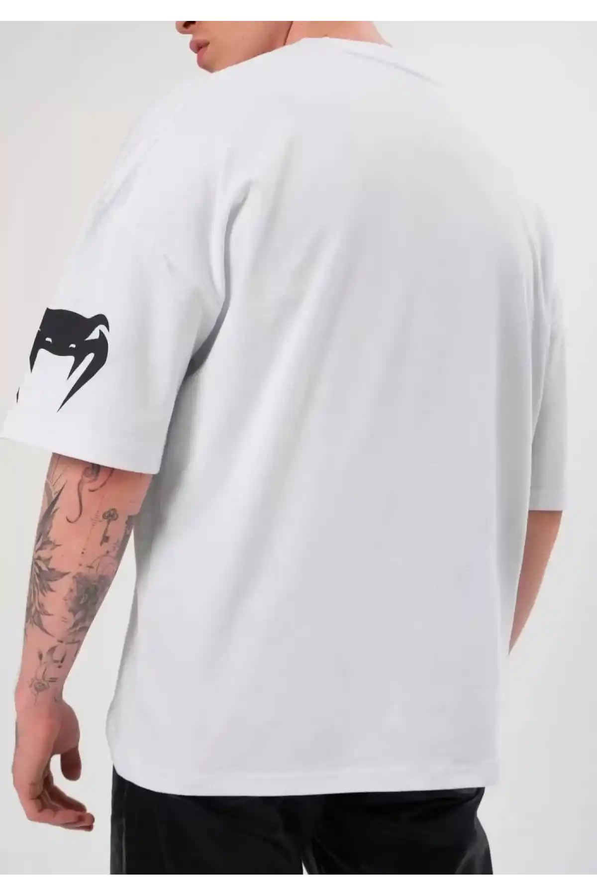 Unisex Bisiklet Yaka Baskılı Oversize T-Shirt - Beyaz