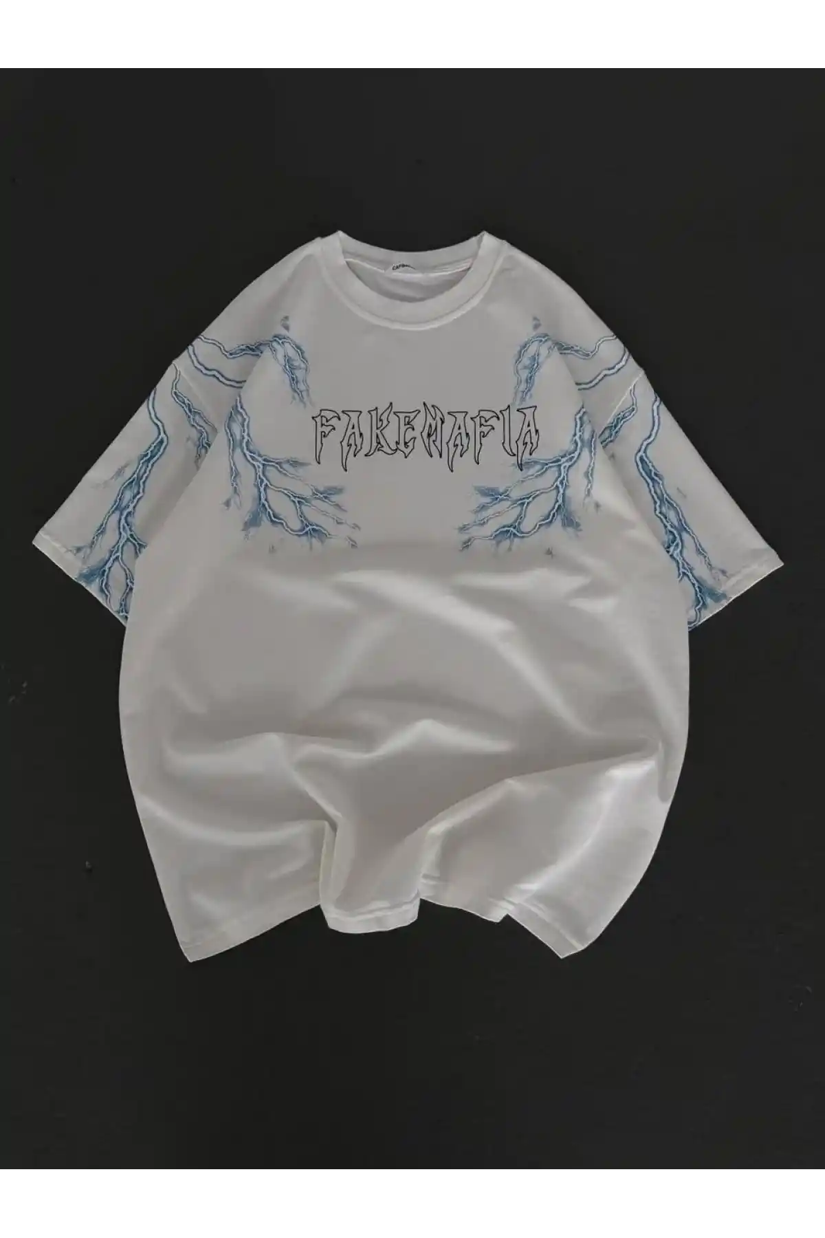 Kadın Bisiklet Yaka Baskılı Oversize T-Shirt - Beyaz