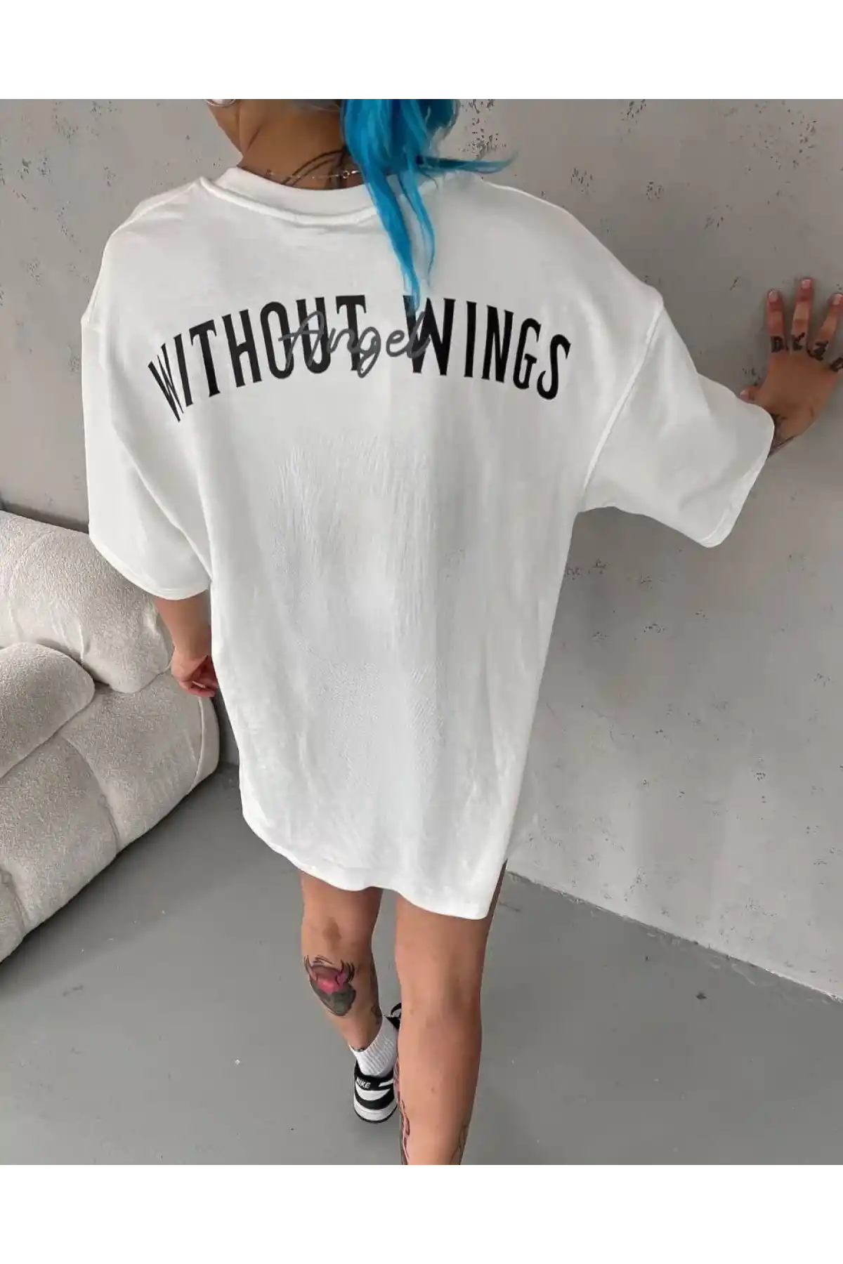 kadın  Bisiklet Yaka Baskılı Oversize T-Shirt - Beyaz