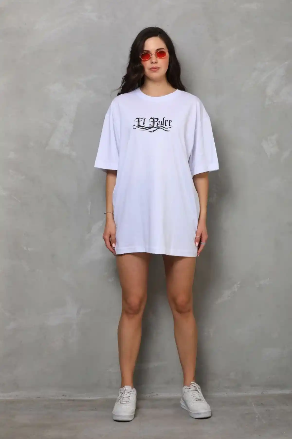 kadın Bisiklet Yaka Baskılı Oversize T-Shirt - Beyaz