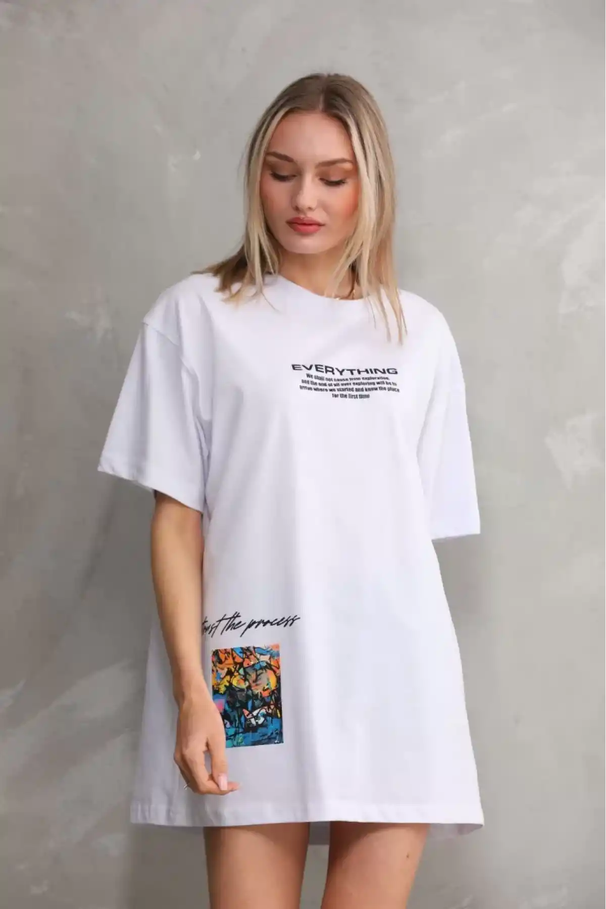 Unisex Bisiklet Yaka Baskılı Oversize T-Shirt - Beyaz