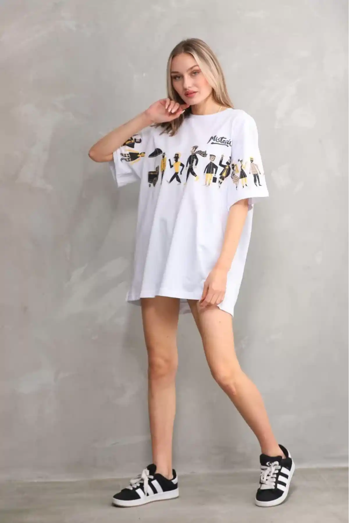 Unisex Bisiklet Yaka Baskılı Oversize T-Shirt - Beyaz