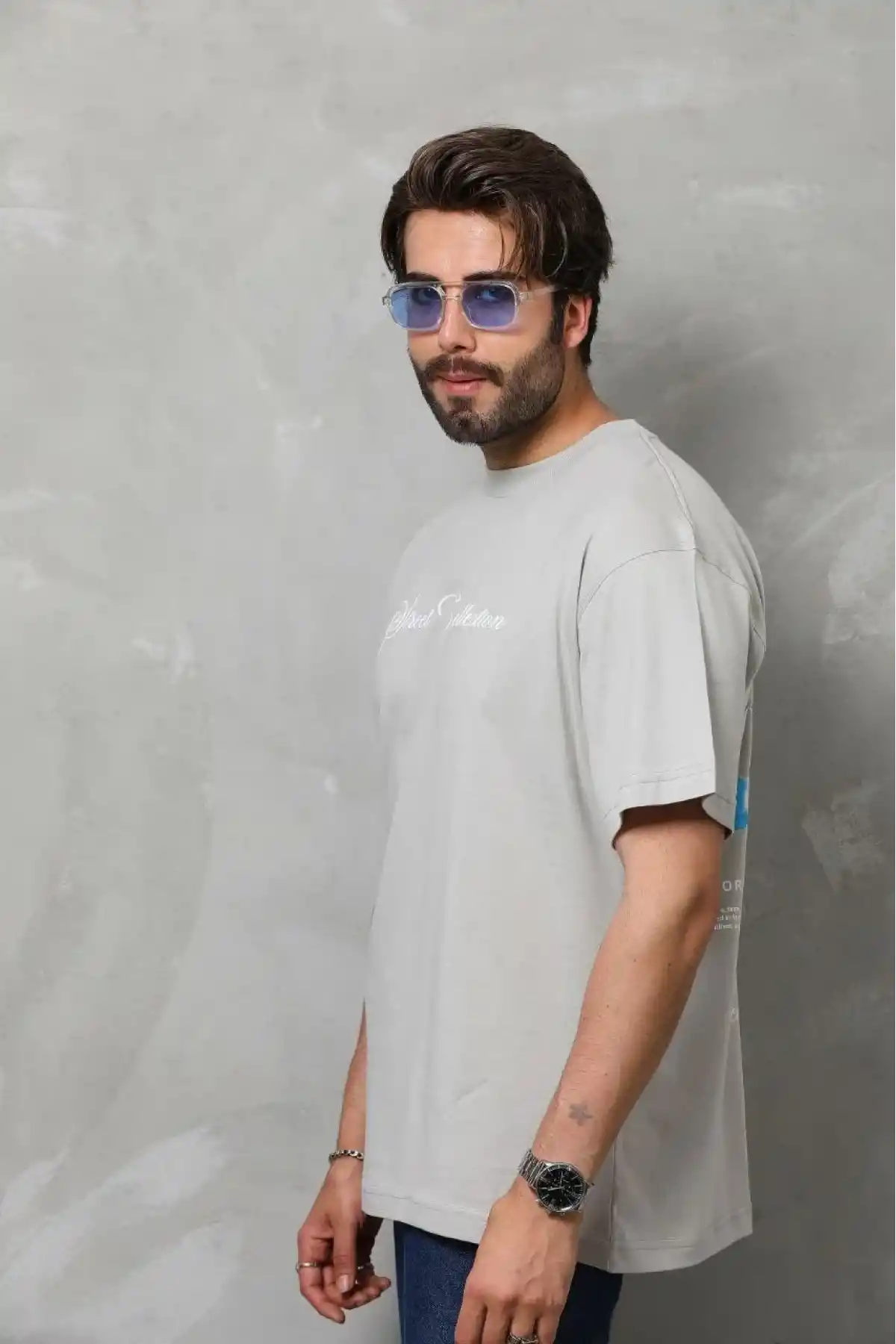 Unisex Bisiklet Yaka Baskılı Oversize T-Shirt - Gri