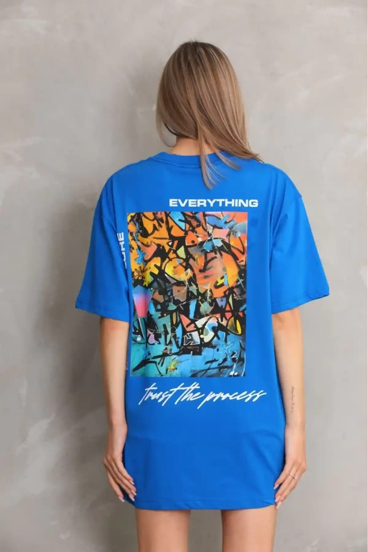 kadın Bisiklet Yaka Baskılı Oversize T-Shirt - Mavi