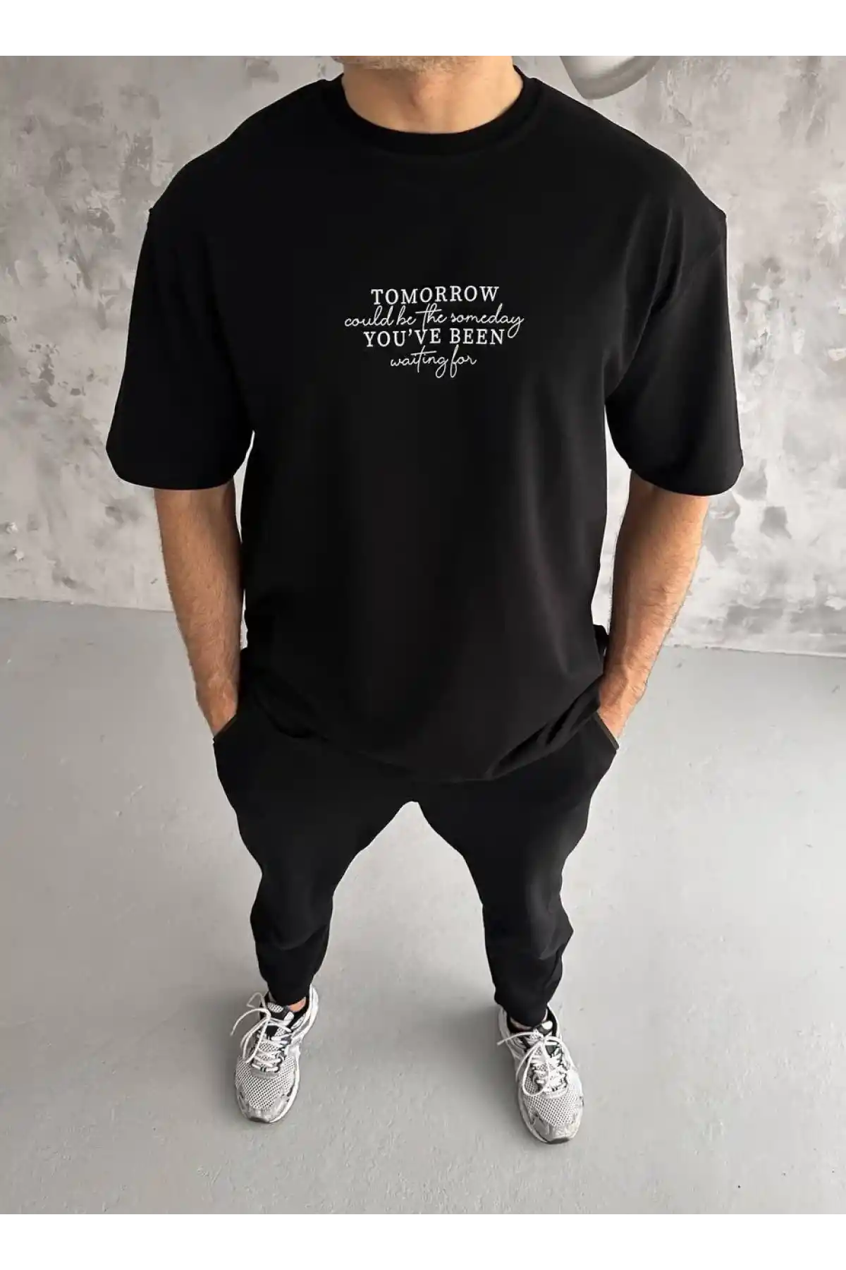 Unisex Bisiklet Yaka Baskılı Oversize T-Shirt - Siyah