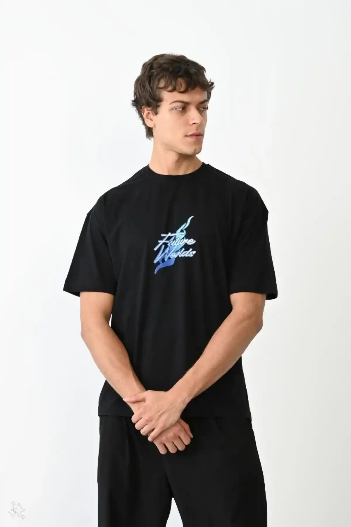 ERKEK Bisiklet Yaka Baskılı Oversize T-Shirt - Siyah