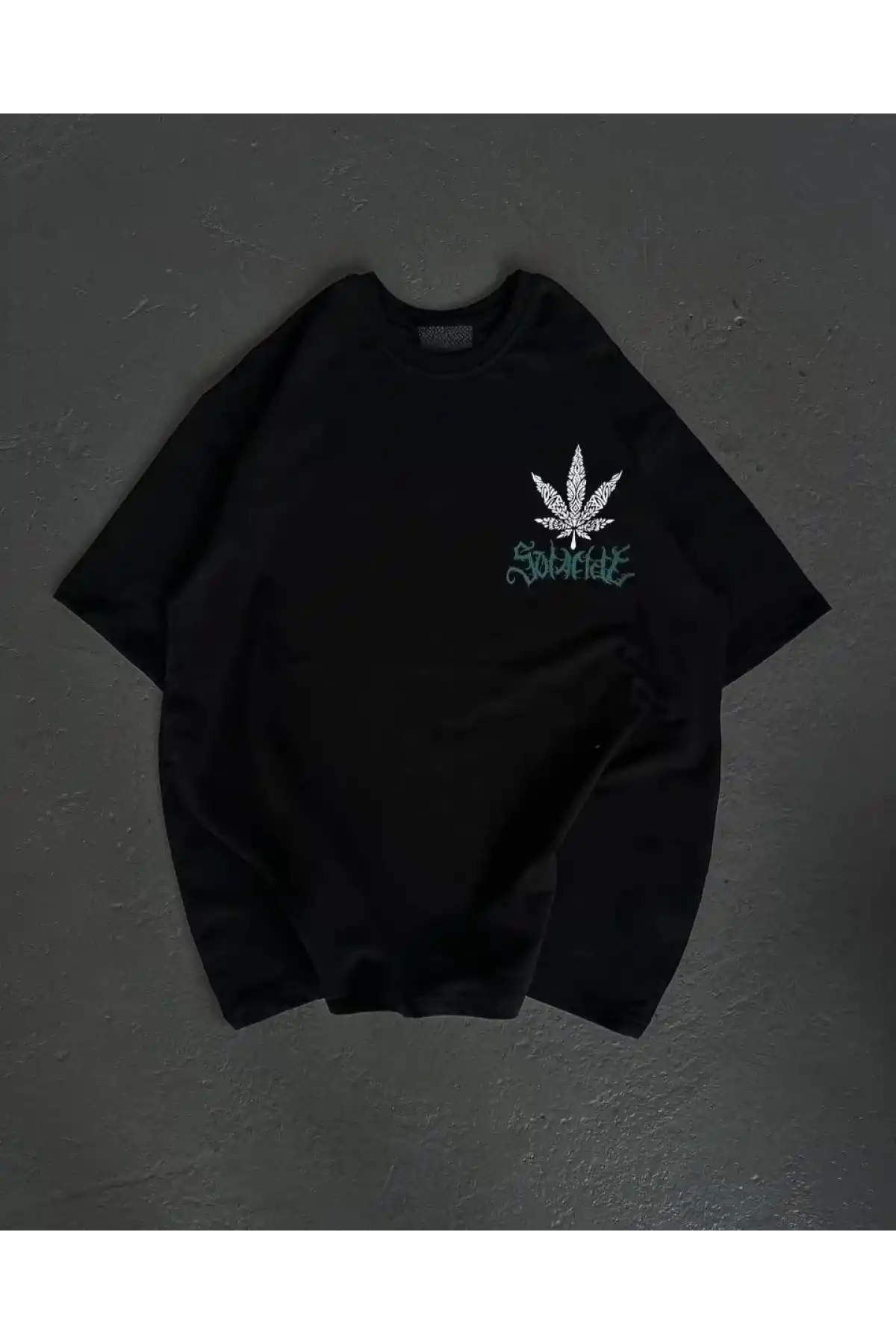 kadın  Bisiklet Yaka Baskılı Oversize T-Shirt - Siyah