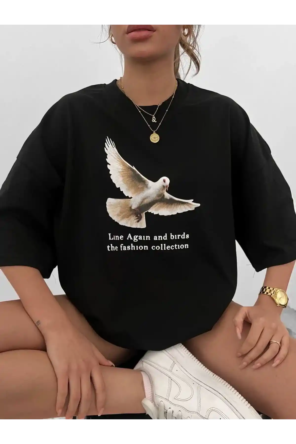 kadın  Bisiklet Yaka Baskılı Oversize T-Shirt - Siyah