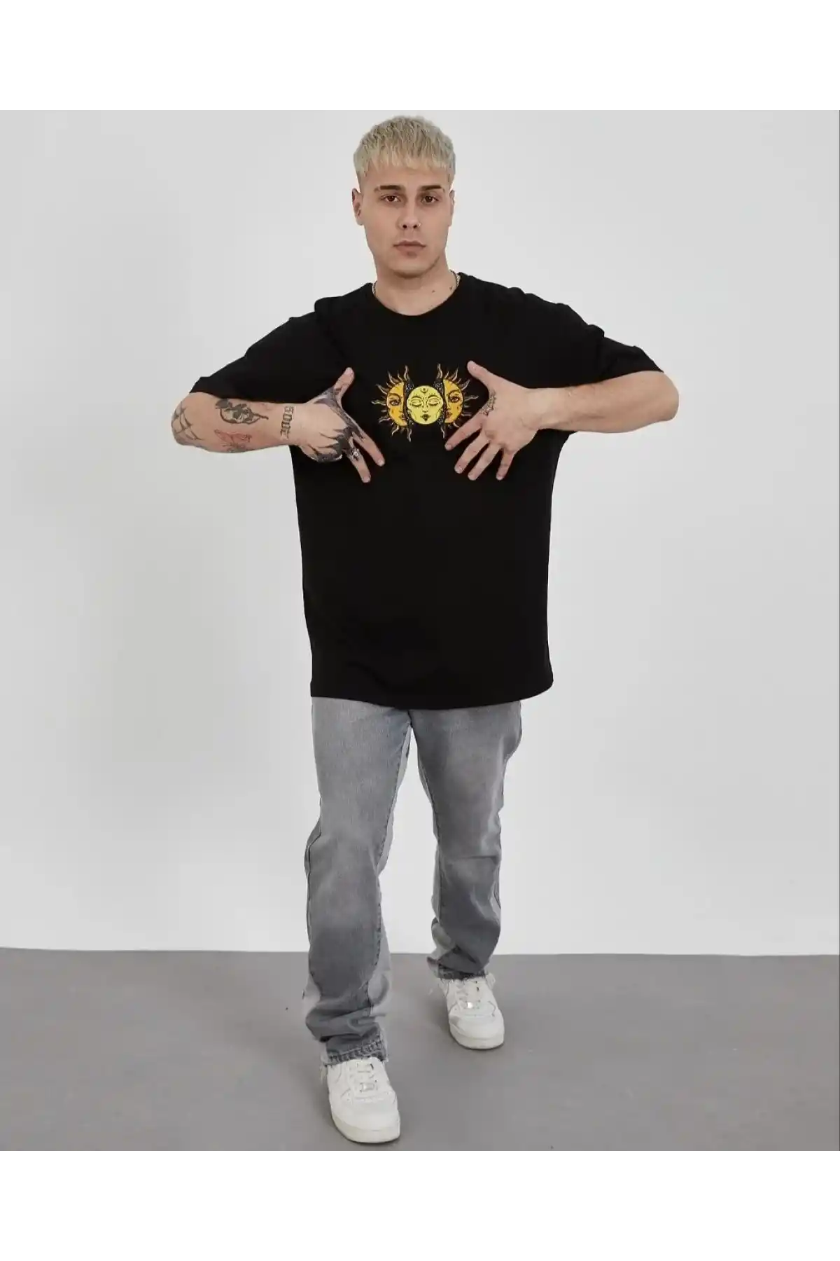 Unisex Bisiklet Yaka Baskılı Oversize T-Shirt - Siyah