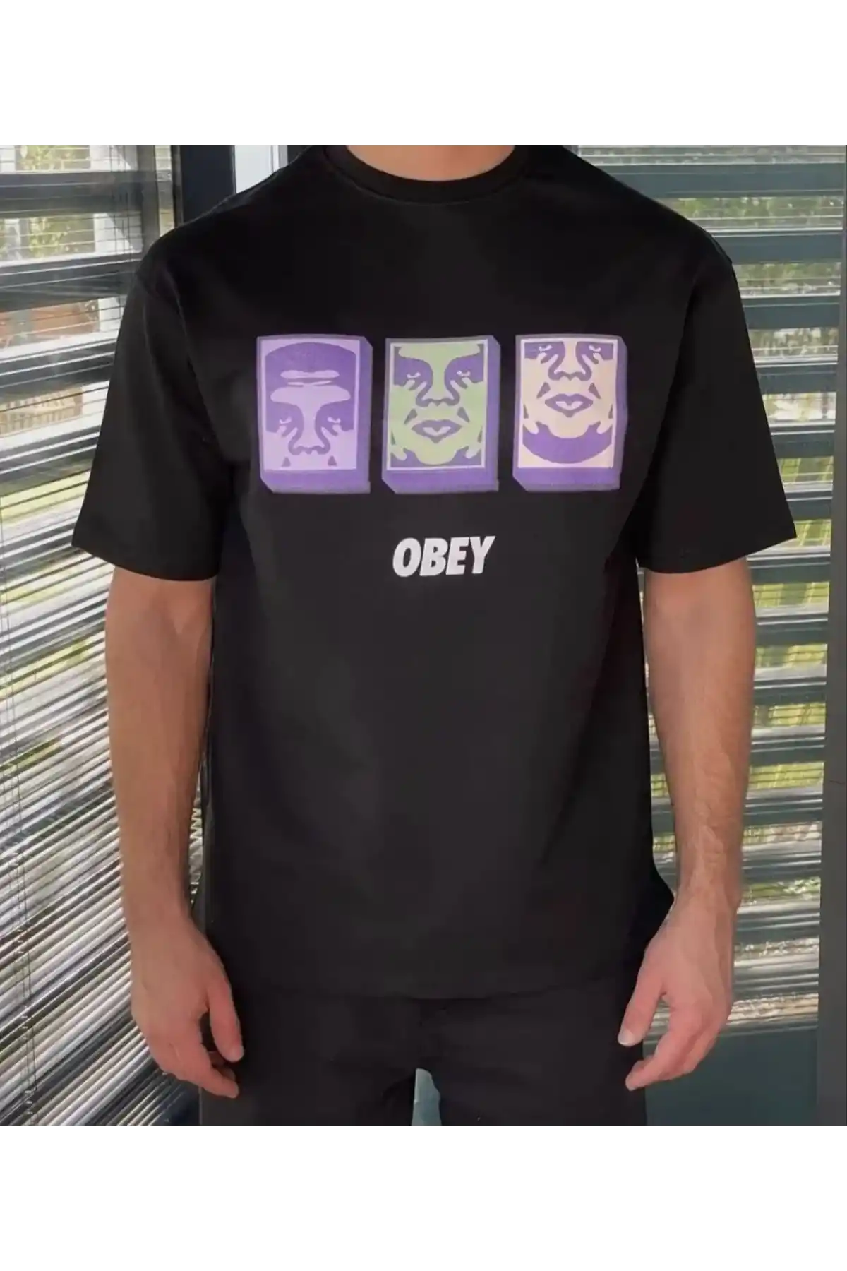 Unisex Bisiklet Yaka Baskılı Oversize T-Shirt - Siyah