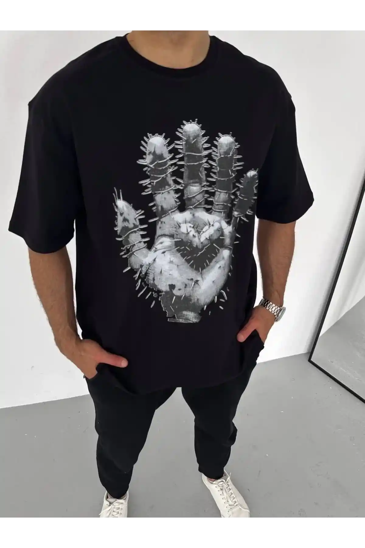 Unisex Bisiklet Yaka Baskılı Oversize T-Shirt - Siyah