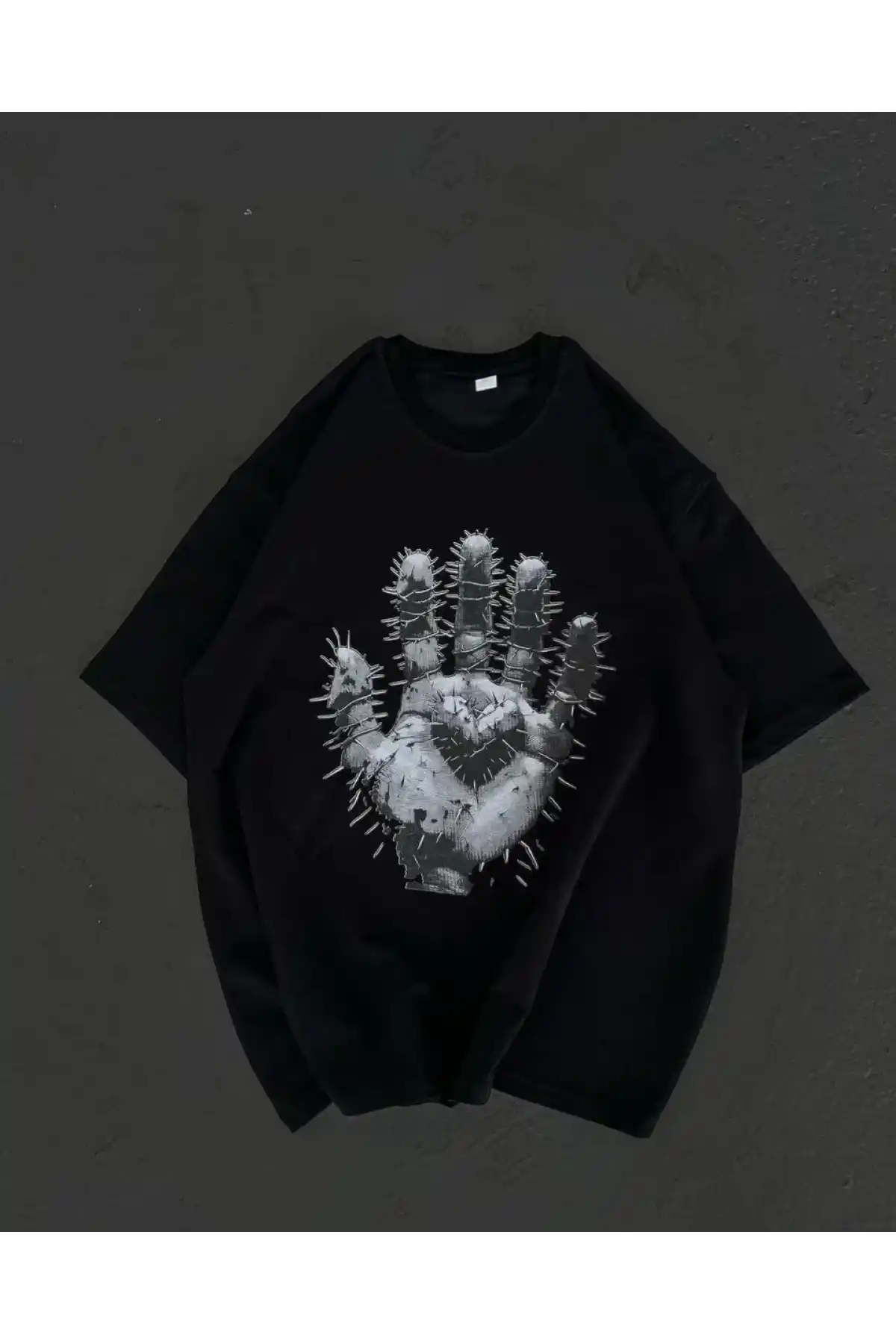 Kadın Bisiklet Yaka Baskılı Oversize T-Shirt - Siyah