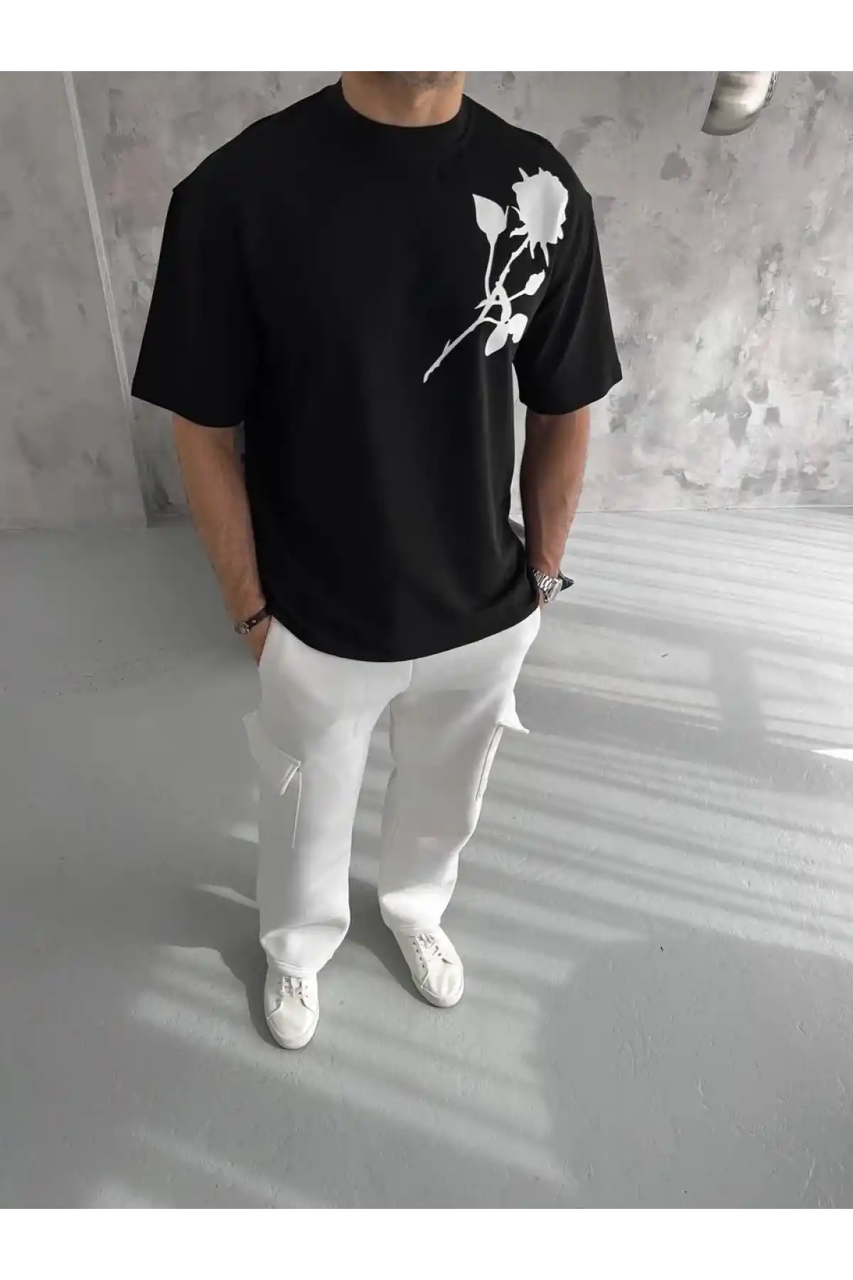 Unisex Bisiklet Yaka Baskılı Oversize T-Shirt - Siyah