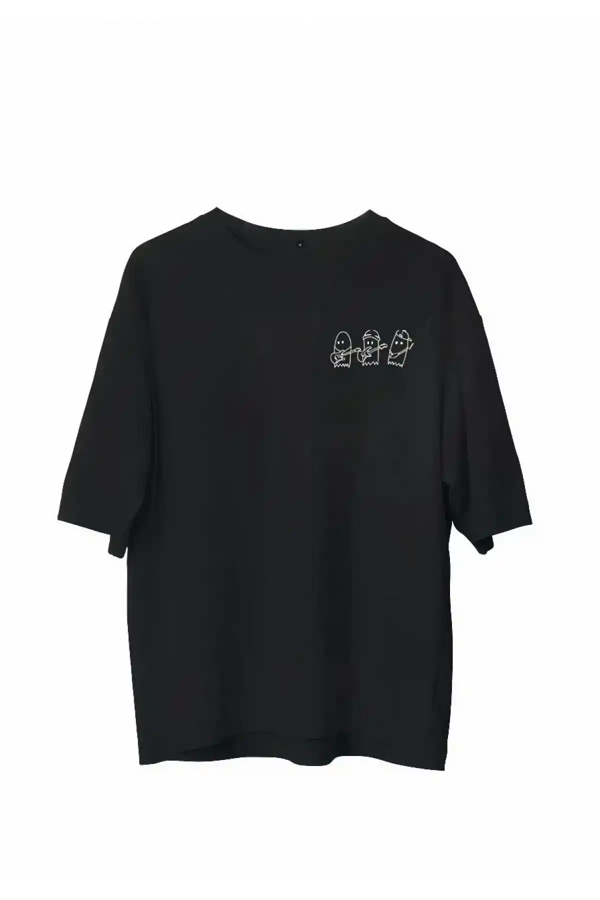 Unisex Bisiklet Yaka Baskılı Oversize T-Shirt - Siyah
