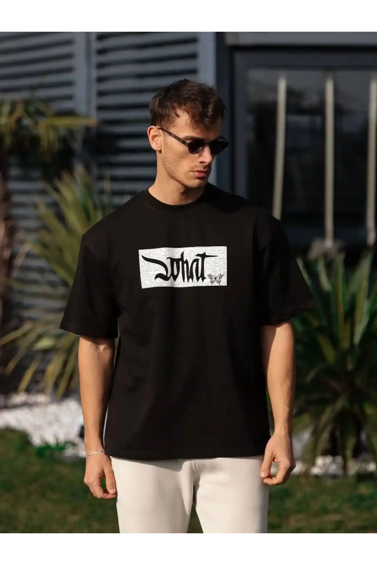 Unisex Bisiklet Yaka Baskılı Oversize T-Shirt - Siyah