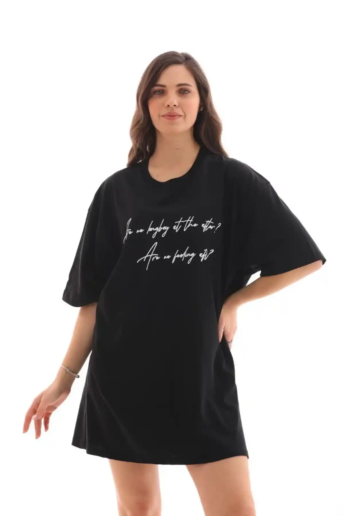 kadın Bisiklet Yaka Baskılı Oversize T-Shirt - Siyah