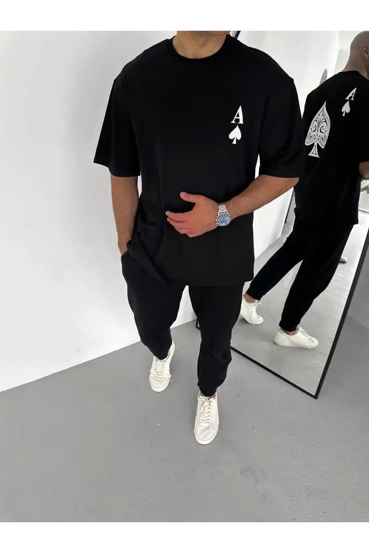 Unisex Bisiklet Yaka Baskılı Oversize T-Shirt - Siyah