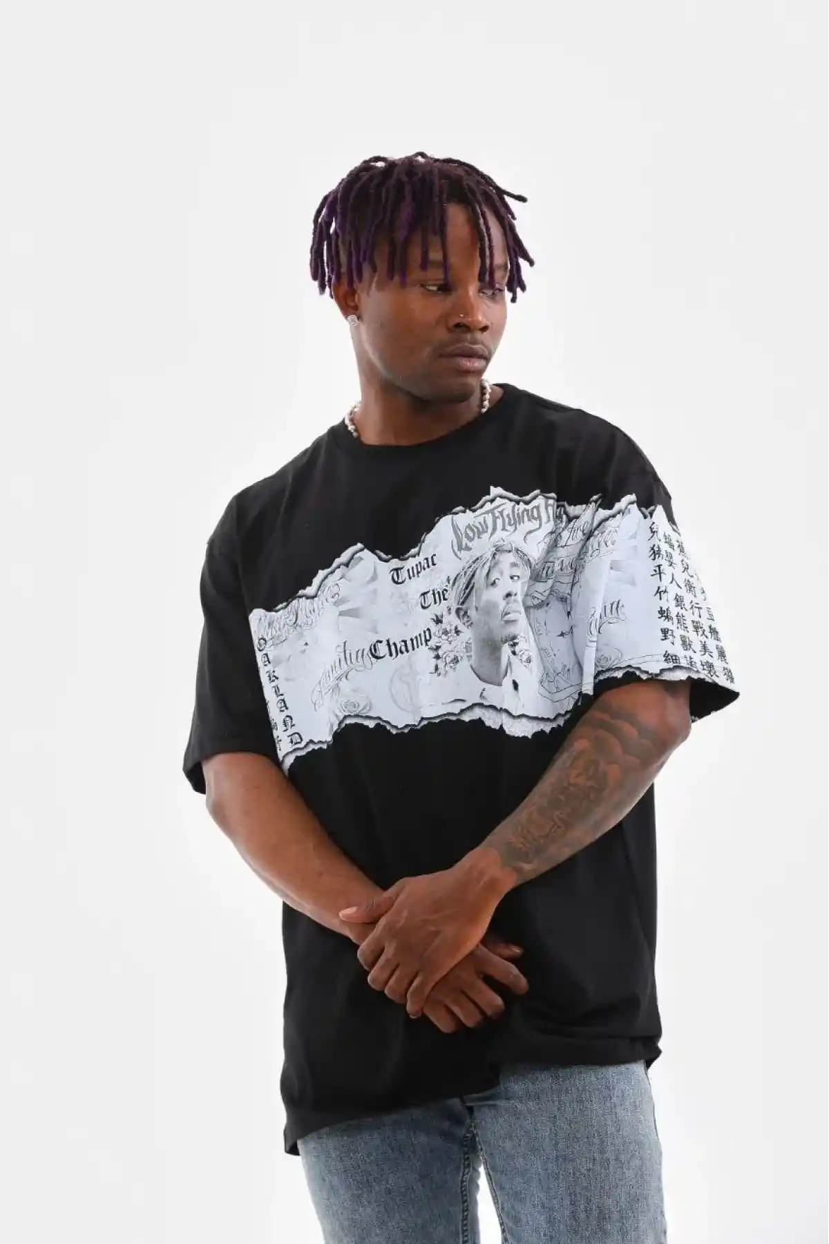 Erkek  Bisiklet Yaka Baskılı Oversize T-Shirt - Siyah