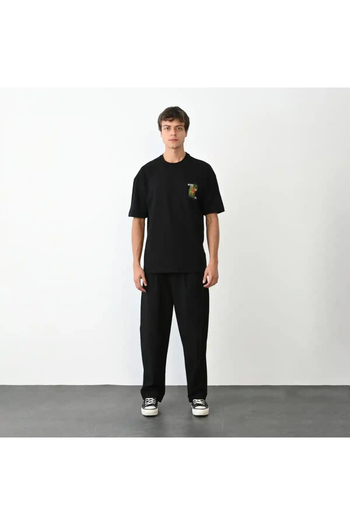 Unisex Bisiklet Yaka Baskılı Oversize T-Shirt - Siyah