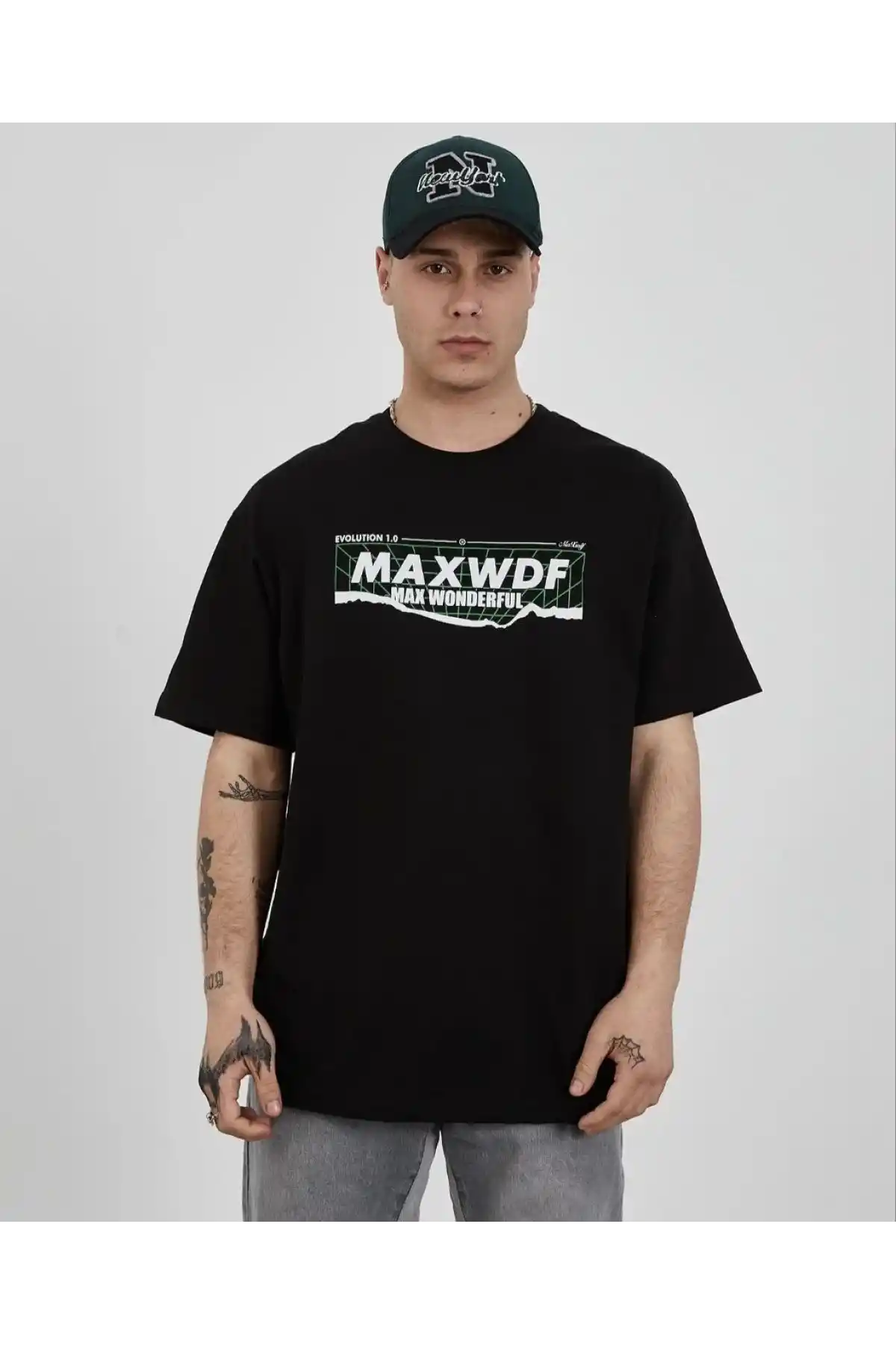 Unisex Bisiklet Yaka Baskılı Oversize T-Shirt - Siyah