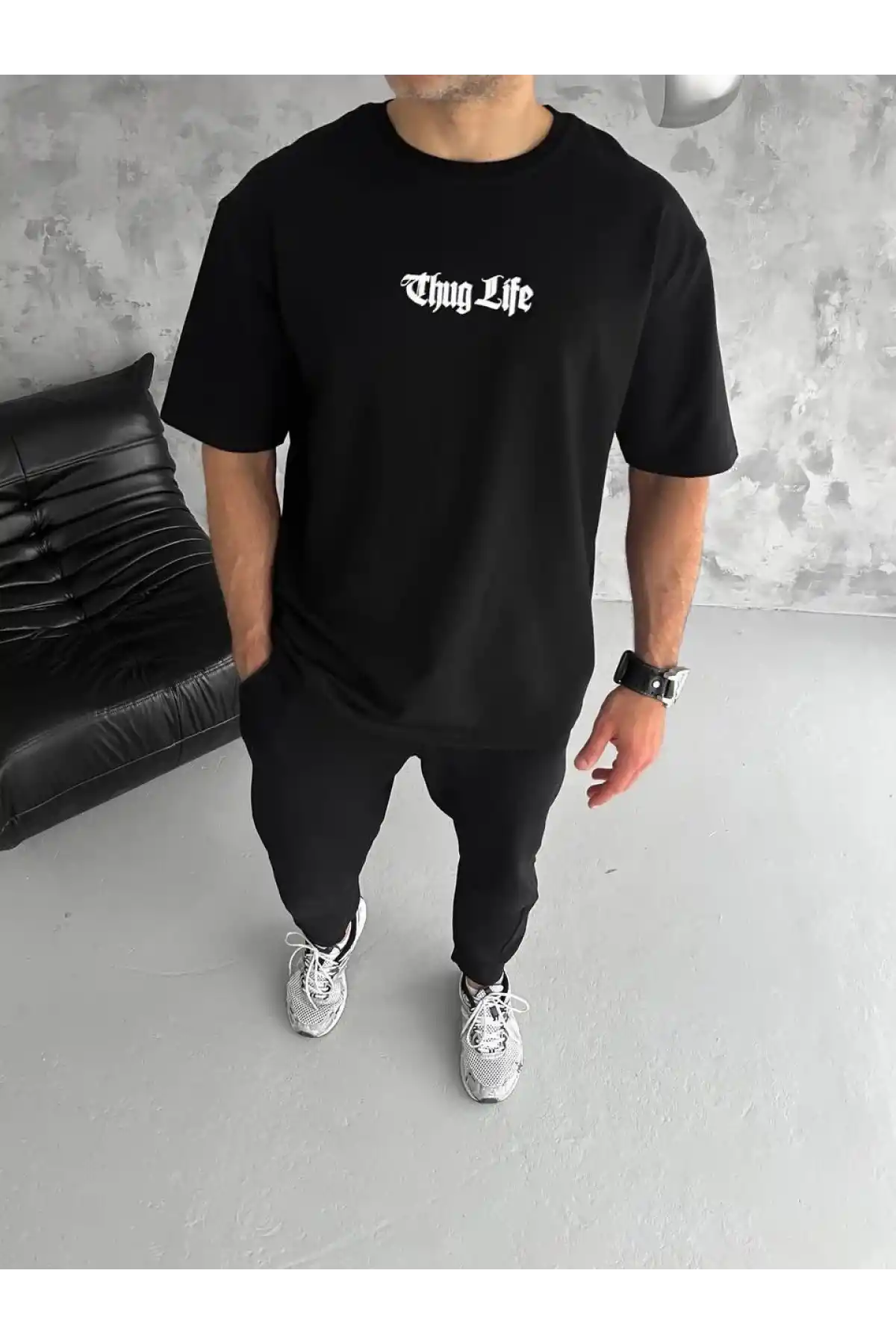 Unisex Bisiklet Yaka Baskılı Oversize T-Shirt - Siyah