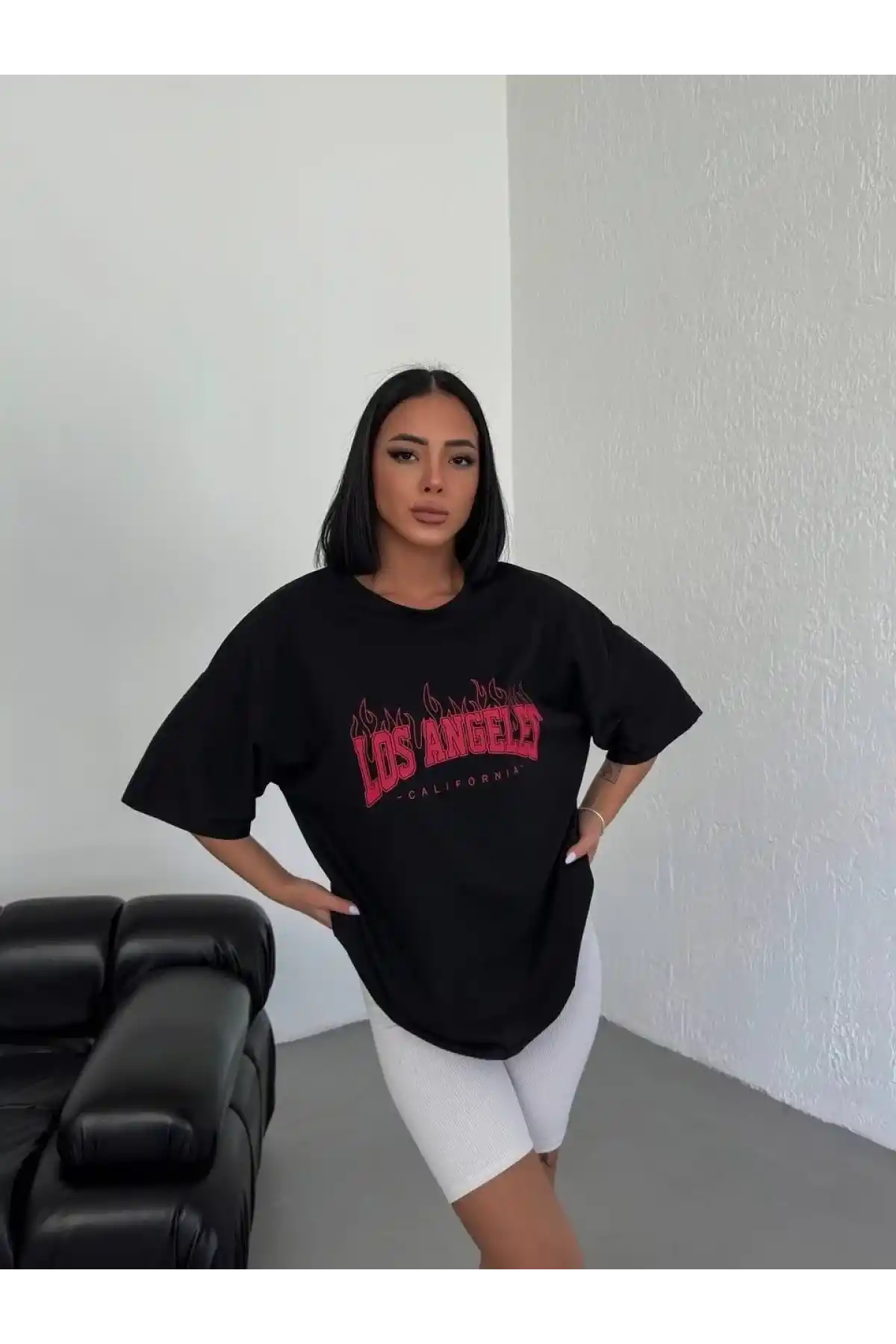 kadın Bisiklet Yaka Baskılı Oversize T-Shirt - Siyah