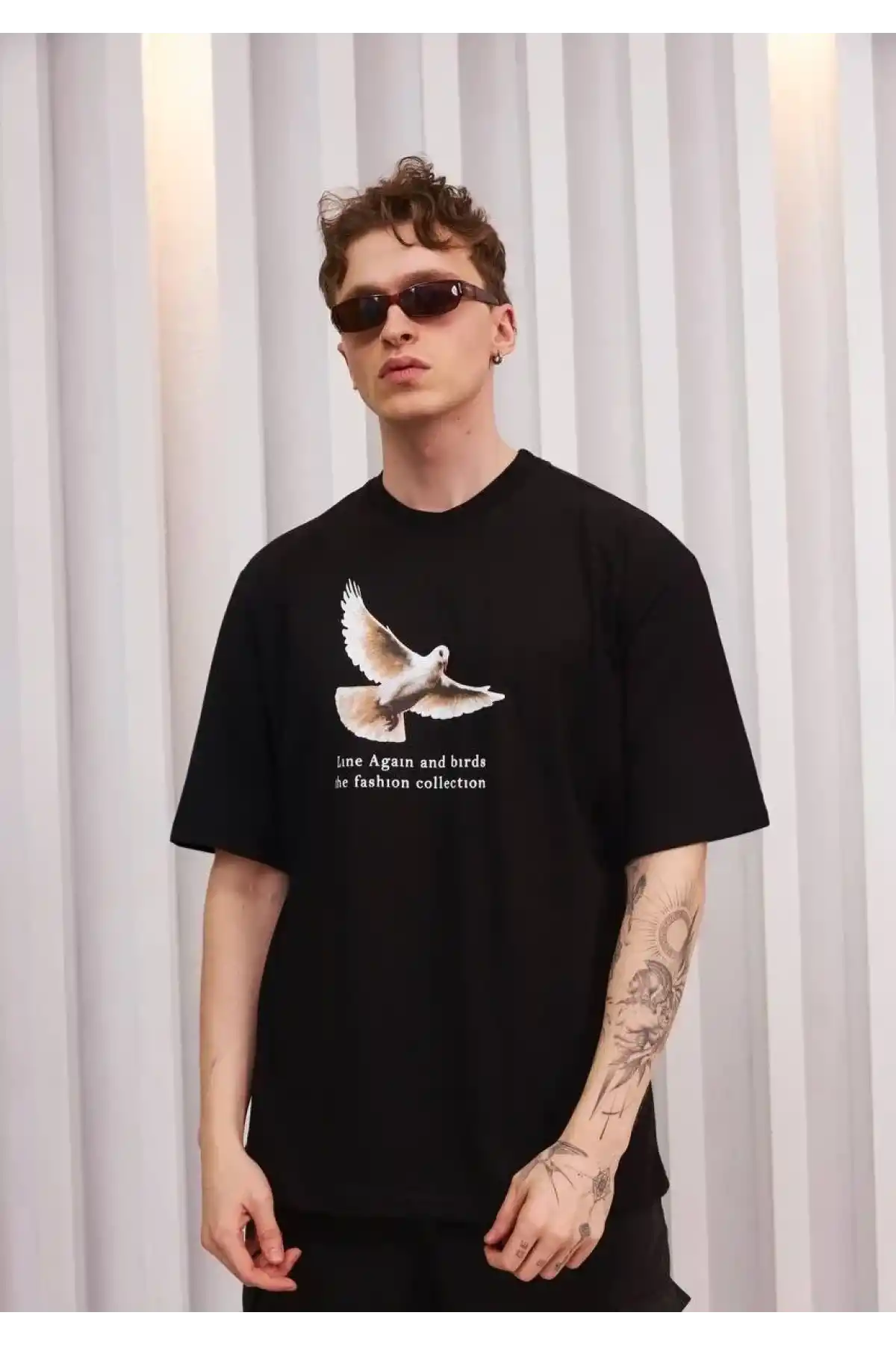 Unisex Bisiklet Yaka Baskılı Oversize T-Shirt - Siyah