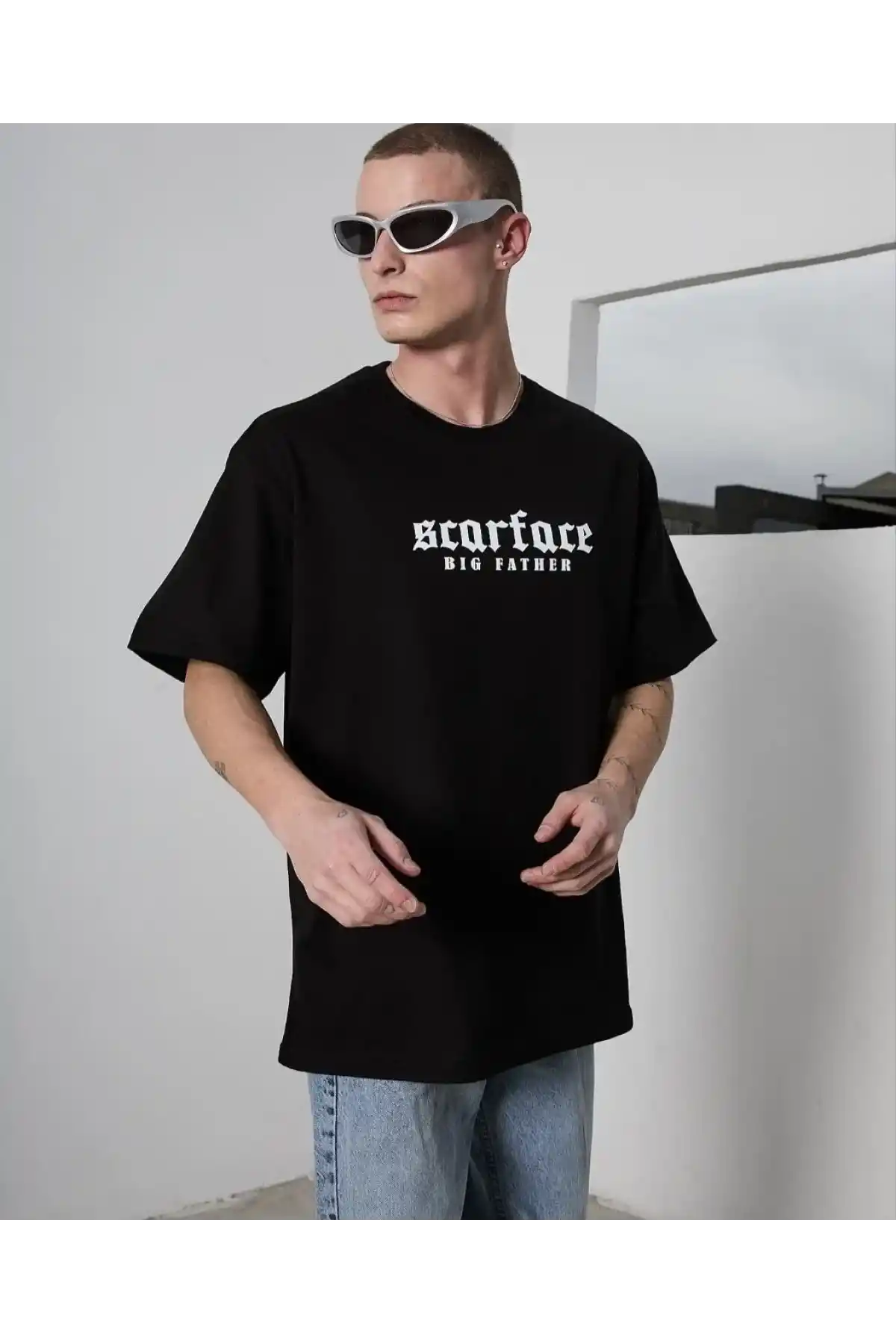 Unisex Bisiklet Yaka Baskılı Oversize T-Shirt - Siyah