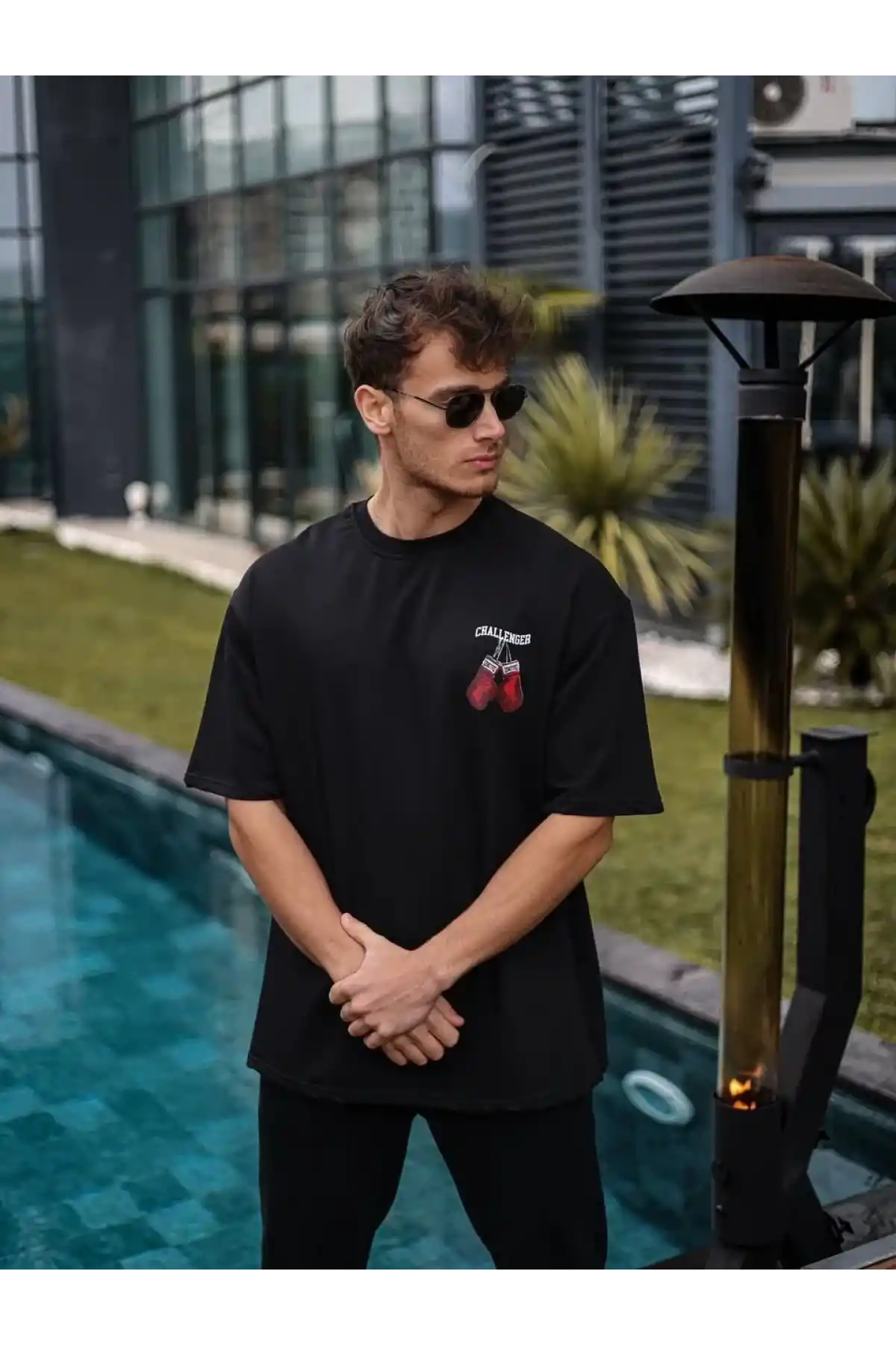 Unisex Bisiklet Yaka Baskılı Oversize T-Shirt - Siyah