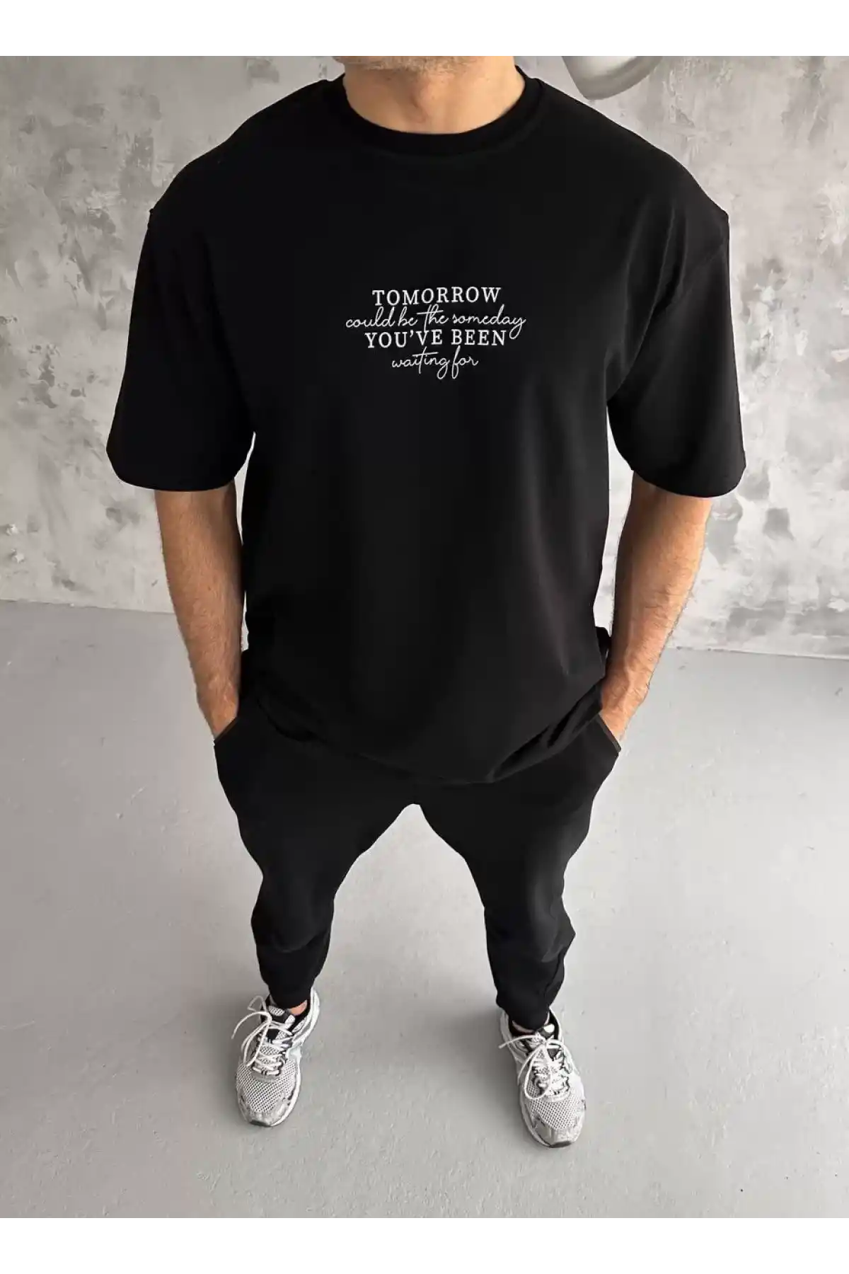 Unisex Bisiklet Yaka Baskılı Oversize T-Shirt - Siyah