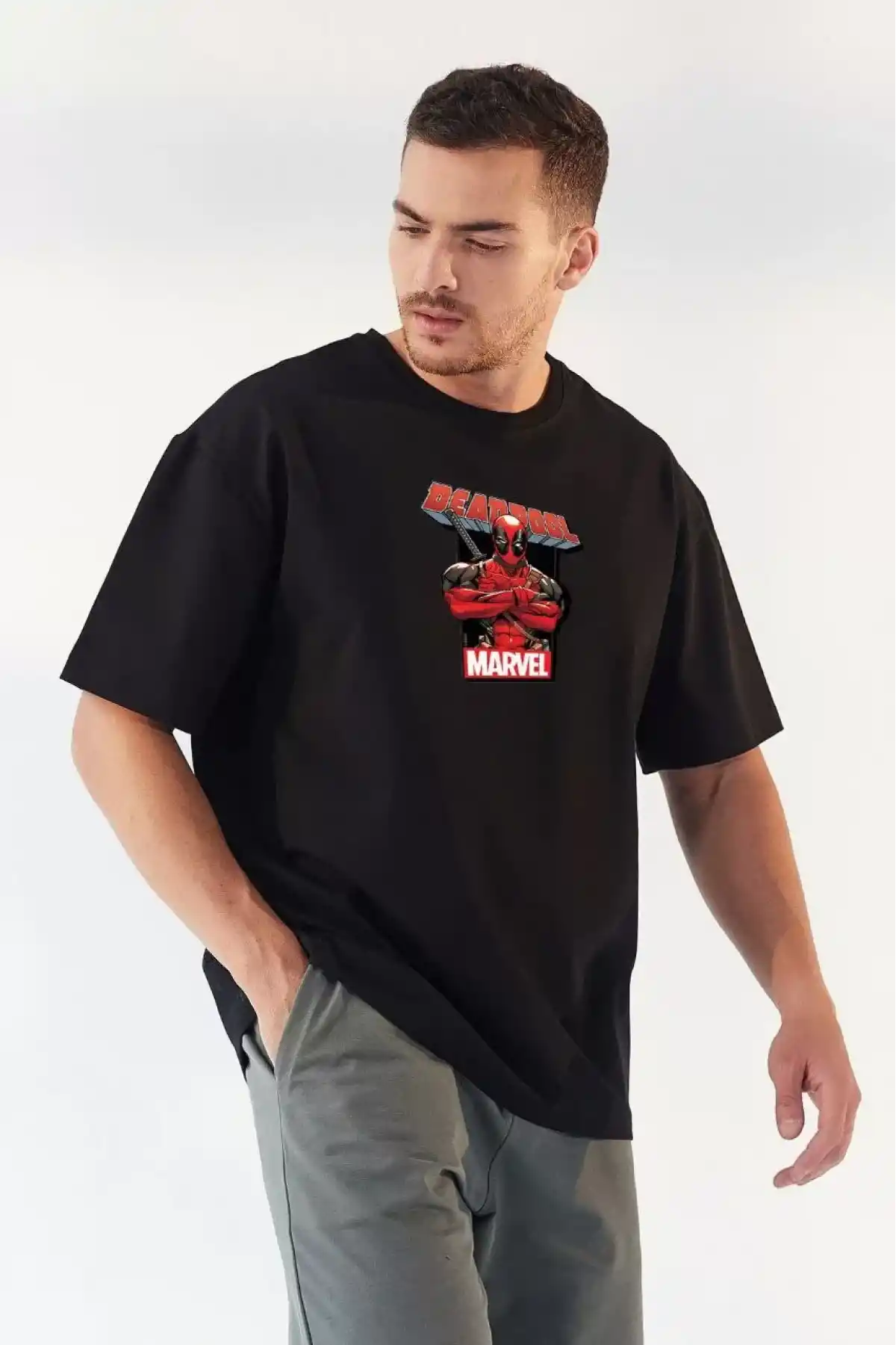 Unisex Bisiklet Yaka Baskılı Oversize T-Shirt - Siyah