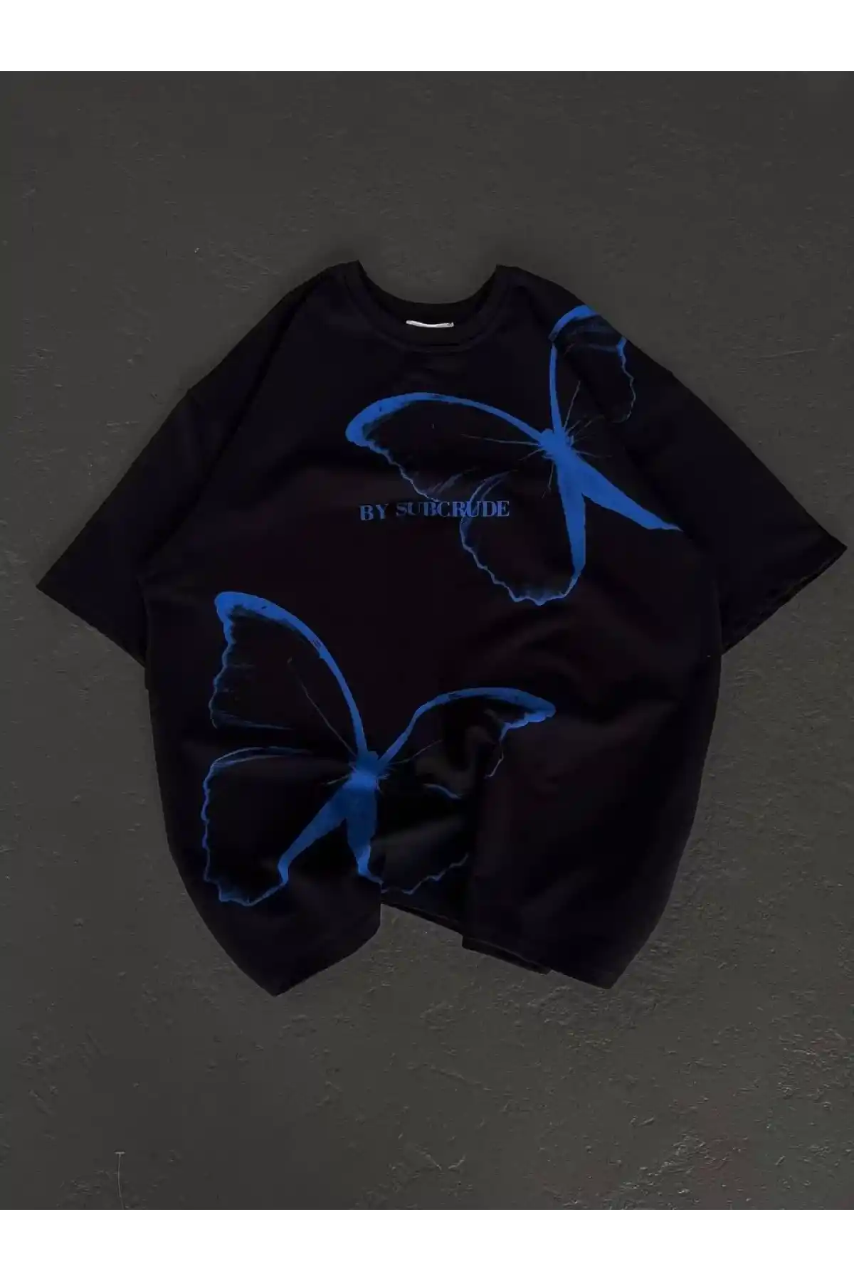 Unisex Bisiklet Yaka Baskılı Oversize T-Shirt - Siyah