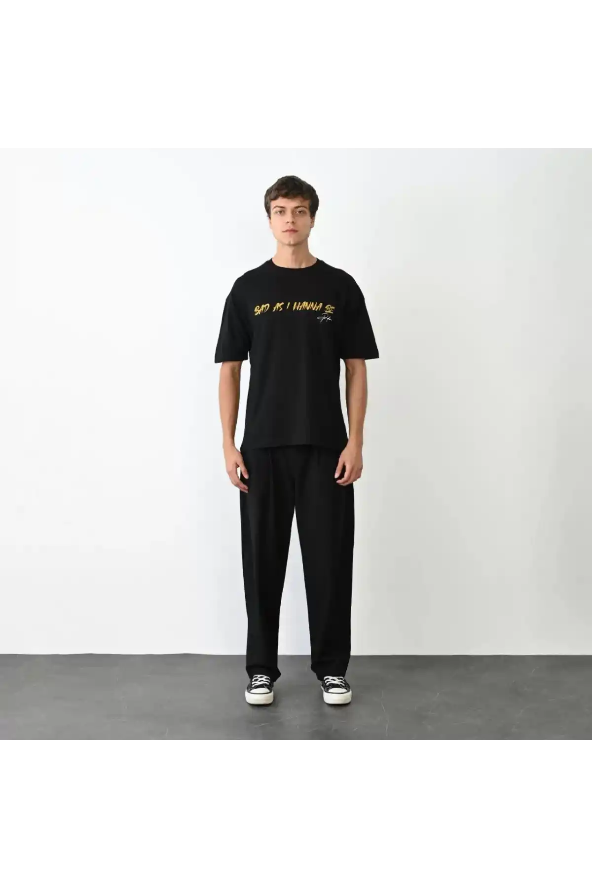 Unisex Bisiklet Yaka Baskılı Oversize T-Shirt - Siyah