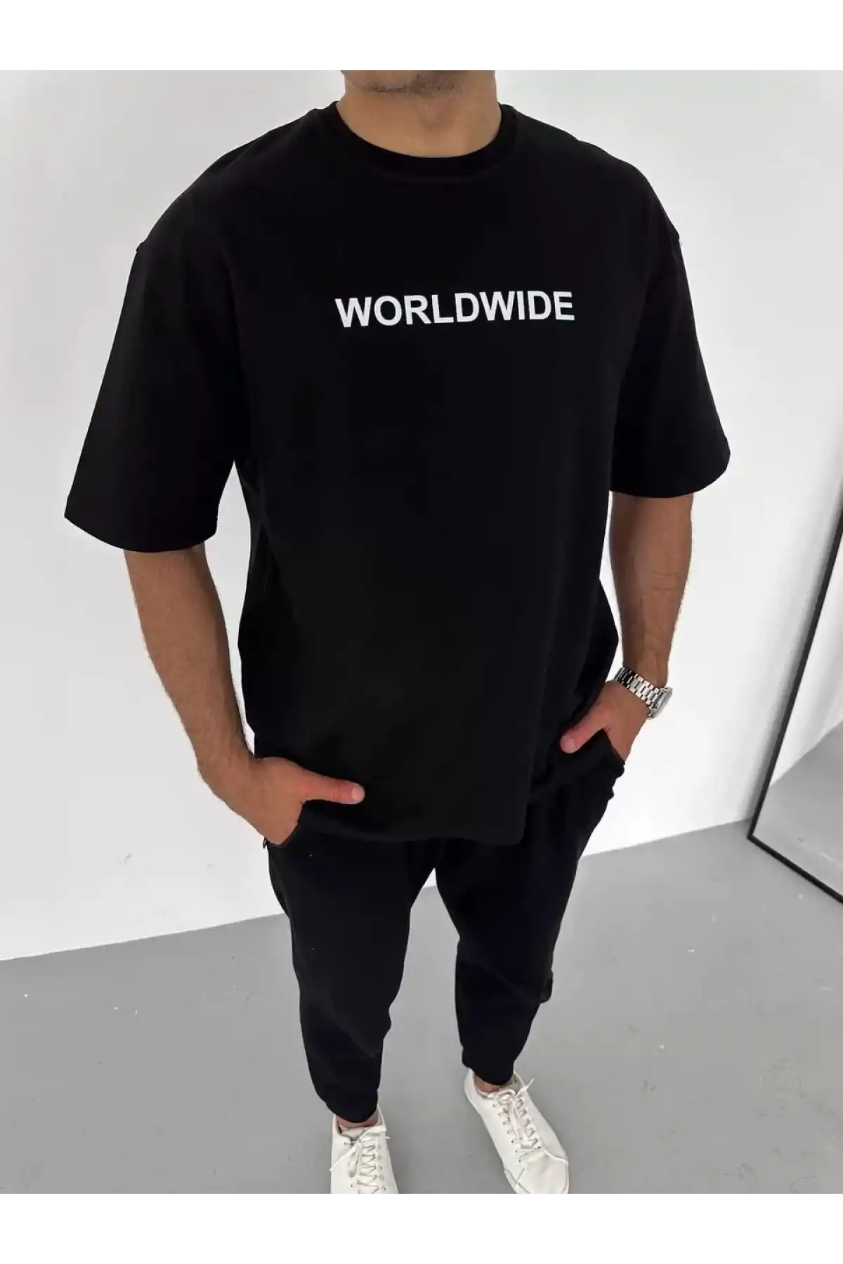 Unisex Bisiklet Yaka Baskılı Oversize T-Shirt - Siyah