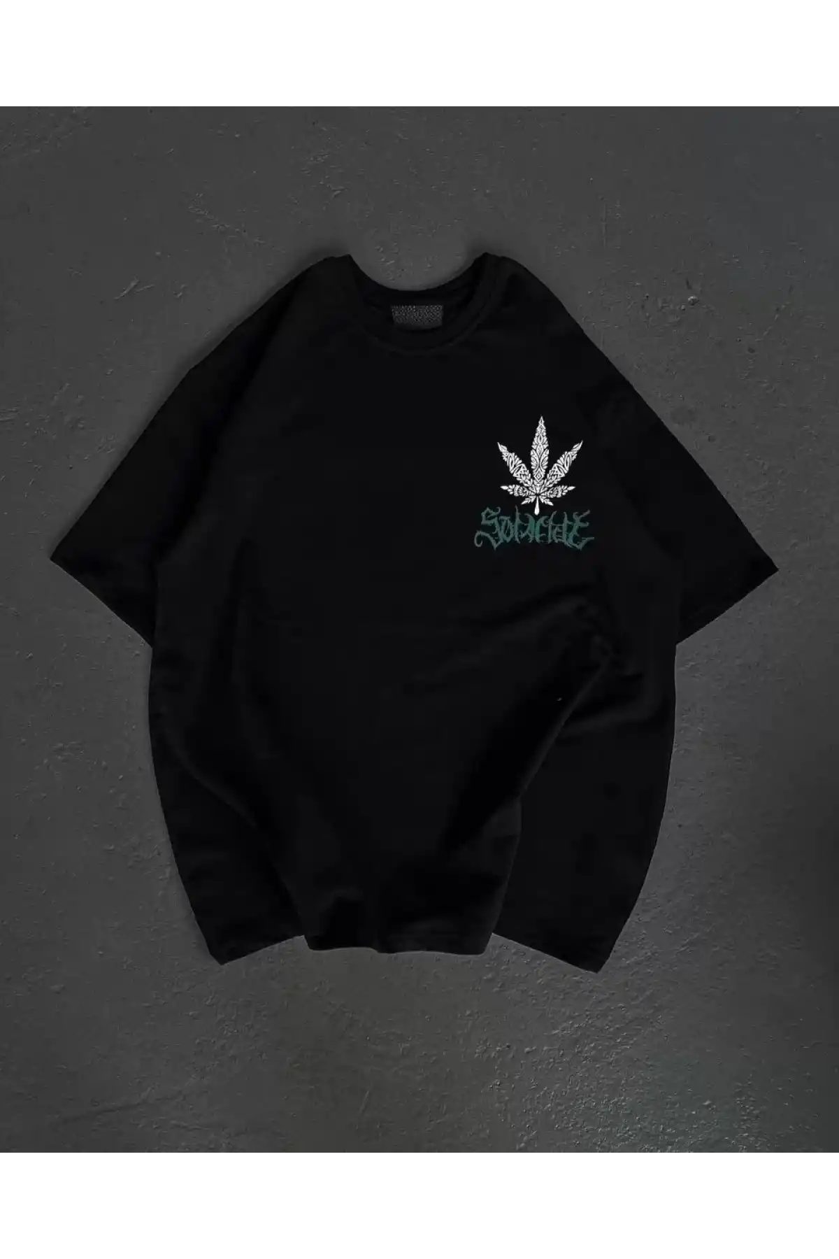 Unisex Bisiklet Yaka Baskılı Oversize T-Shirt - Siyah