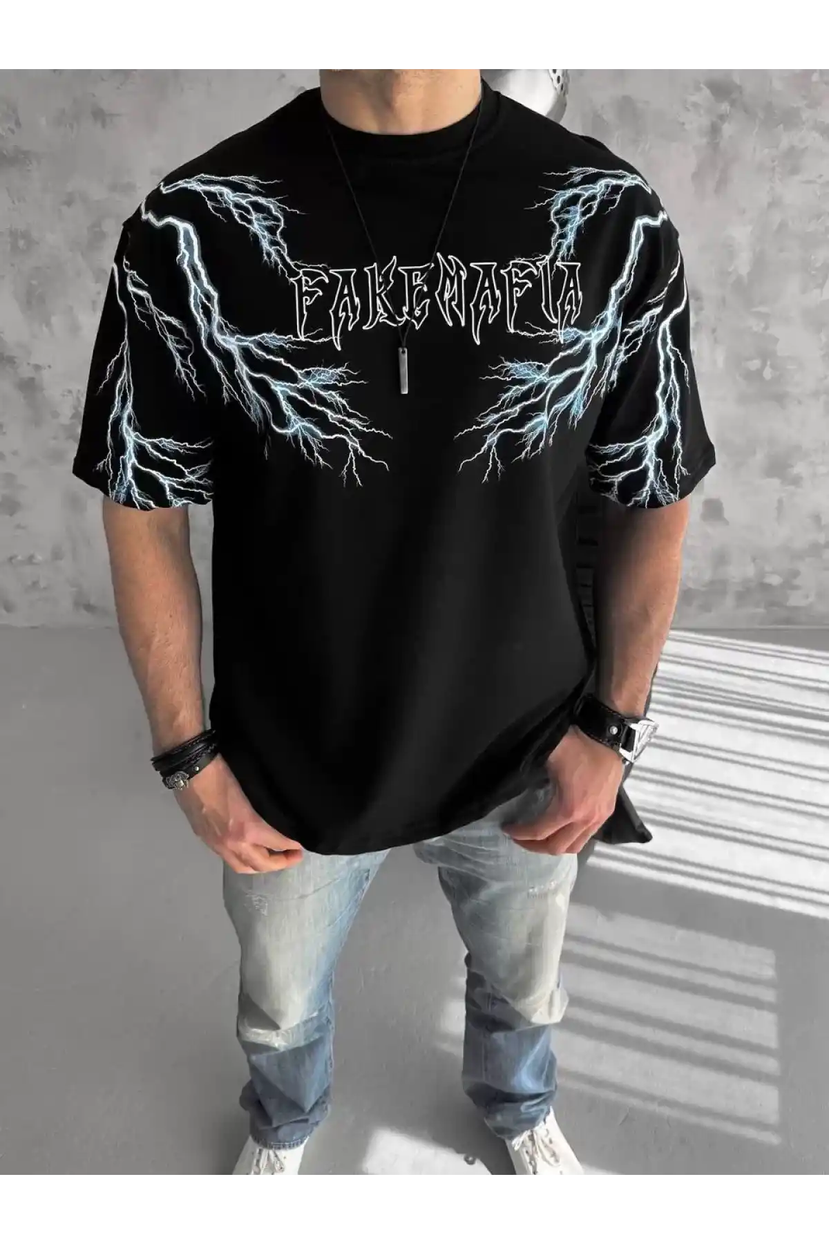 Unisex Bisiklet Yaka Baskılı Oversize T-Shirt - Siyah