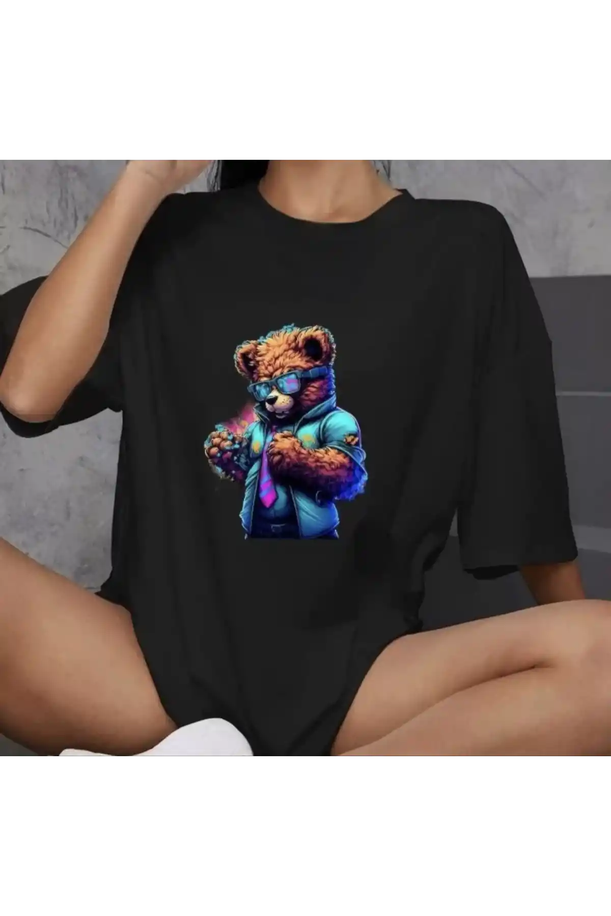 Unisex Bisiklet Yaka Baskılı Oversize T-Shirt - Siyah