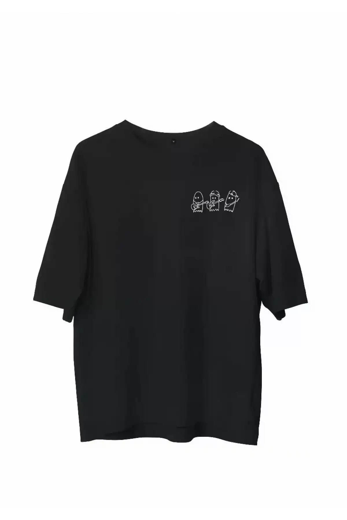 Unisex Bisiklet Yaka Baskılı Oversize T-Shirt - Siyah