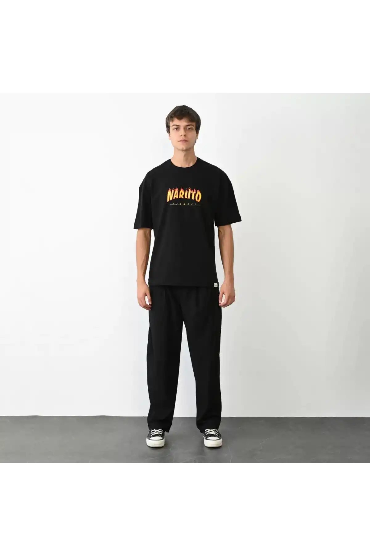 Unisex Bisiklet Yaka Baskılı Oversize T-Shirt - Siyah