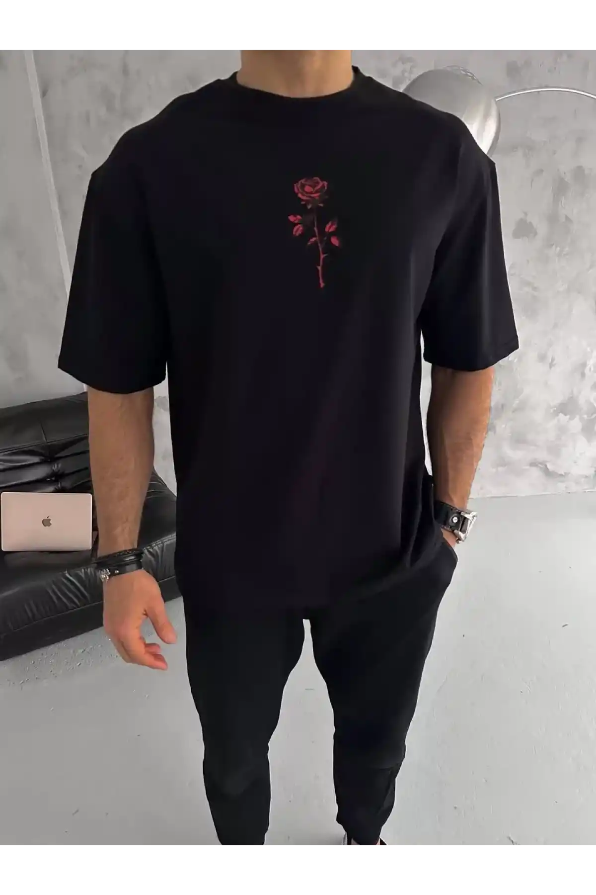 Unisex Bisiklet Yaka Baskılı Oversize T-Shirt - Siyah