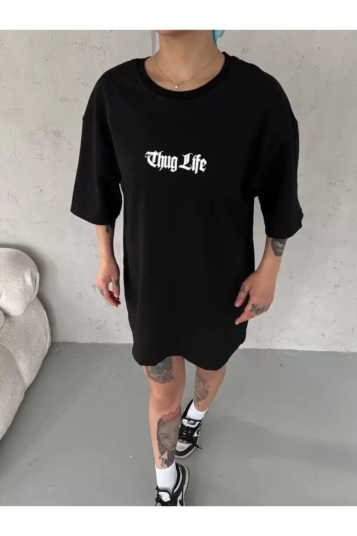 Unisex Bisiklet Yaka Baskılı Oversize T-Shirt - Siyah